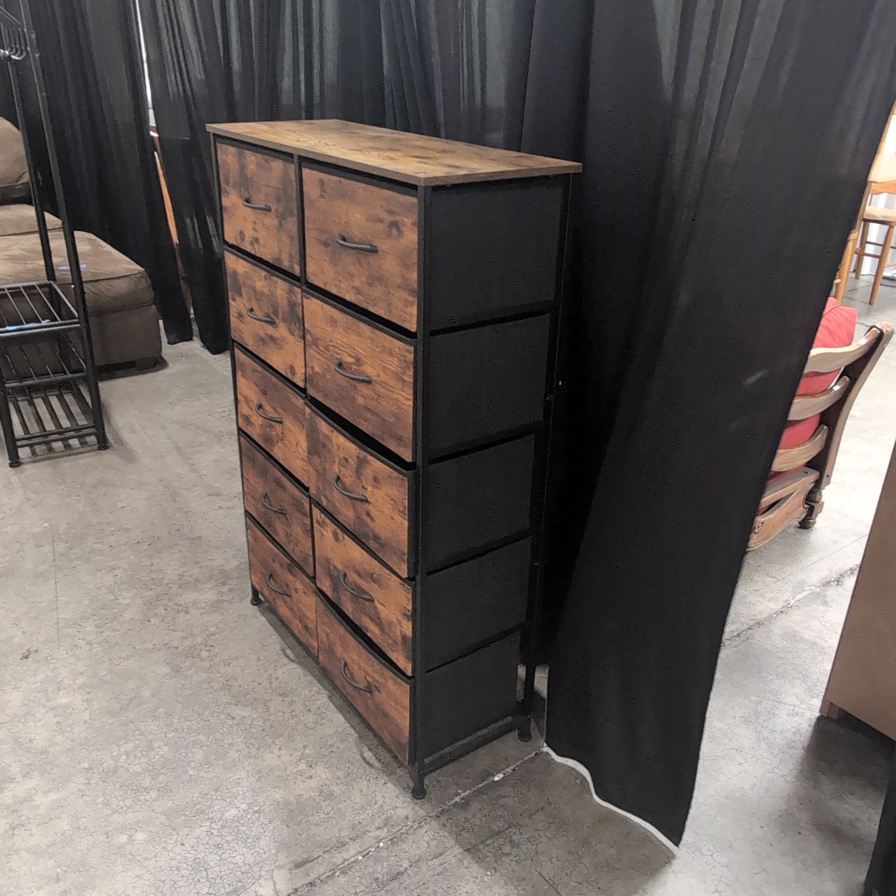 Rustic Brown Ten-Drawer Dresser in Metal and Fabric