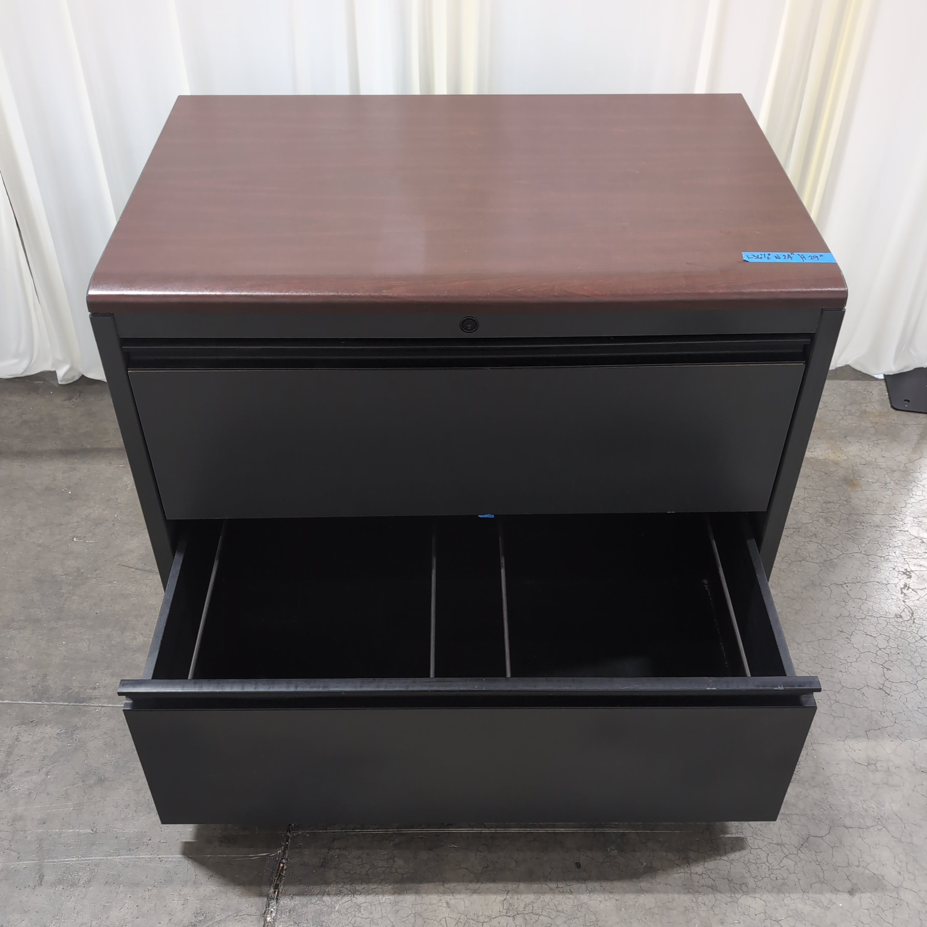 Two-Drawer Black Filing Cabinet with Wood-Look Top