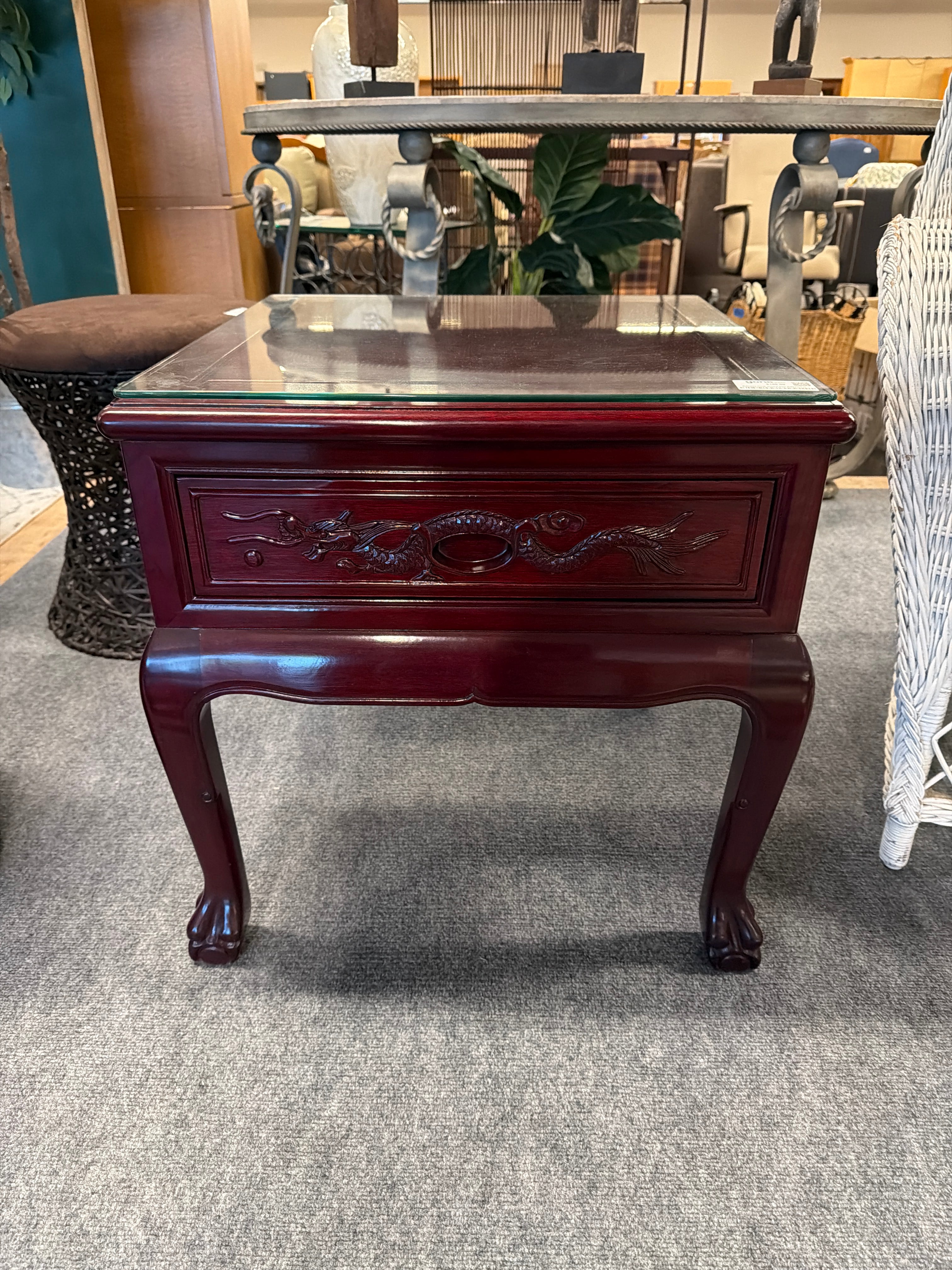 Mahogany Finish Oriental Style Nightstand with Carved Dragon