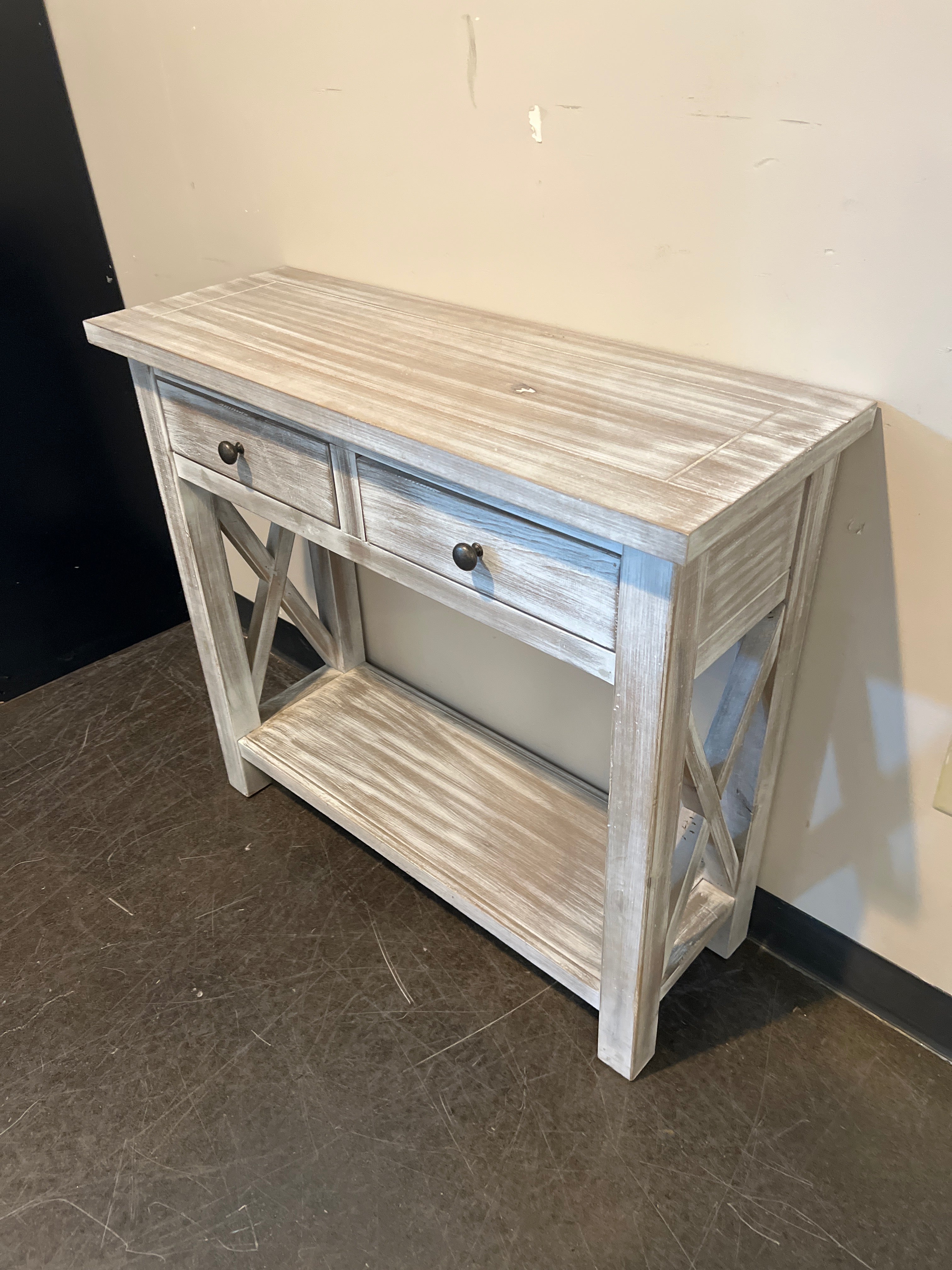 Rustic Whitewashed Wood Console Table with Two Drawers