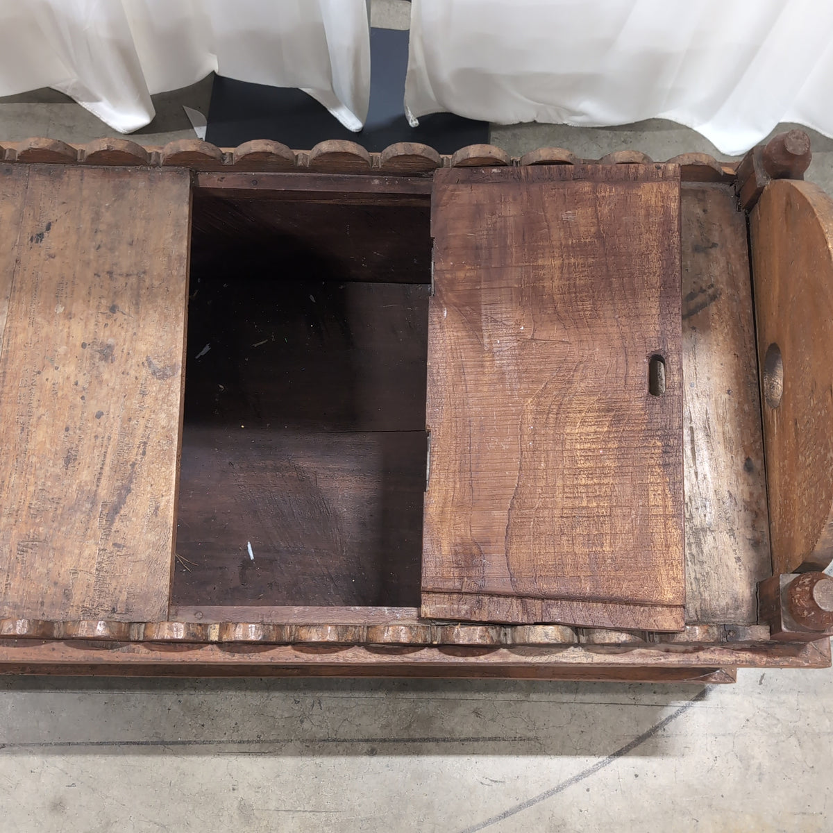 Rustic Carved Wood End Table with Sunburst Top