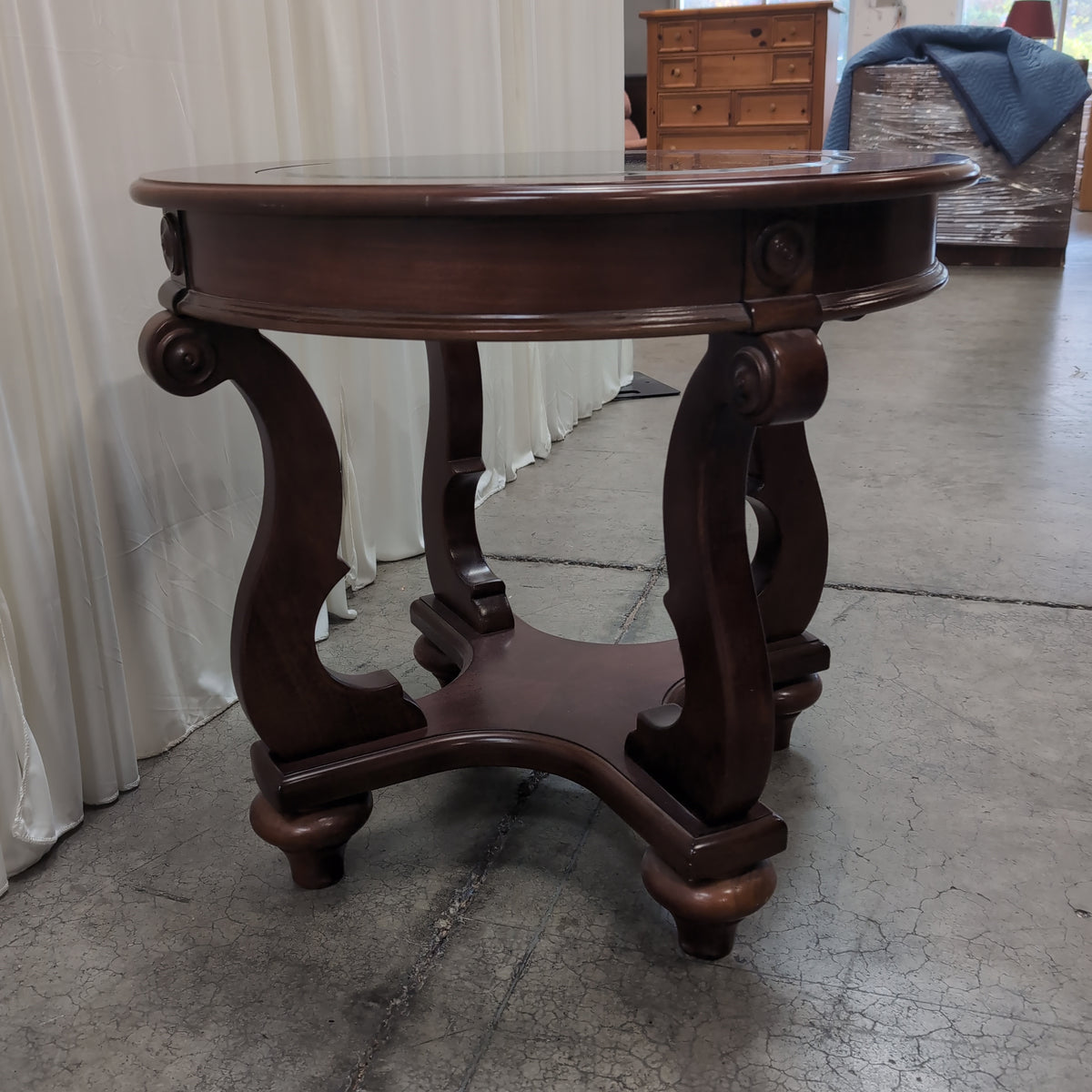 Dark Wood Round End Table with Glass Top
