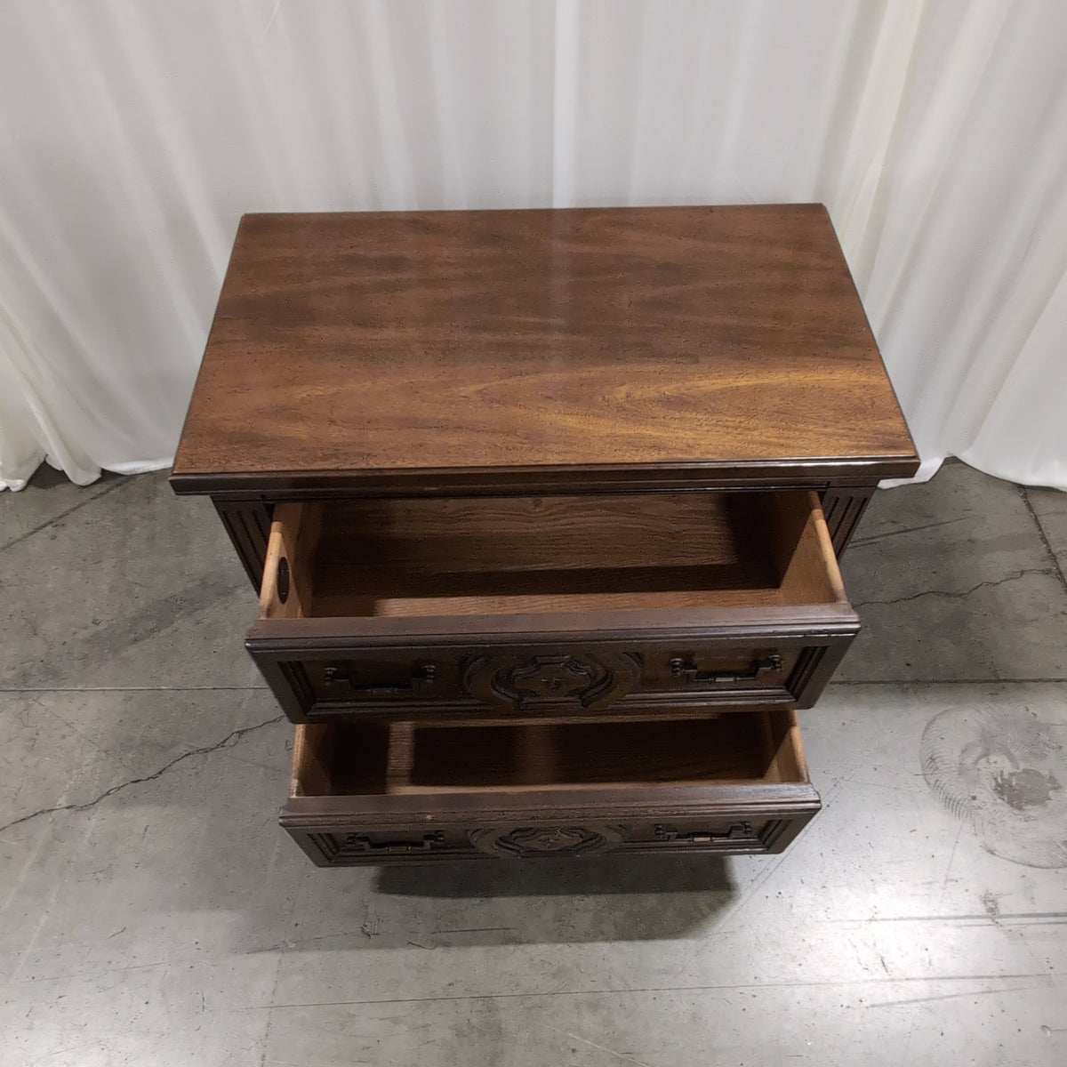 Ornate Dark Wood Two-Drawer Nightstand