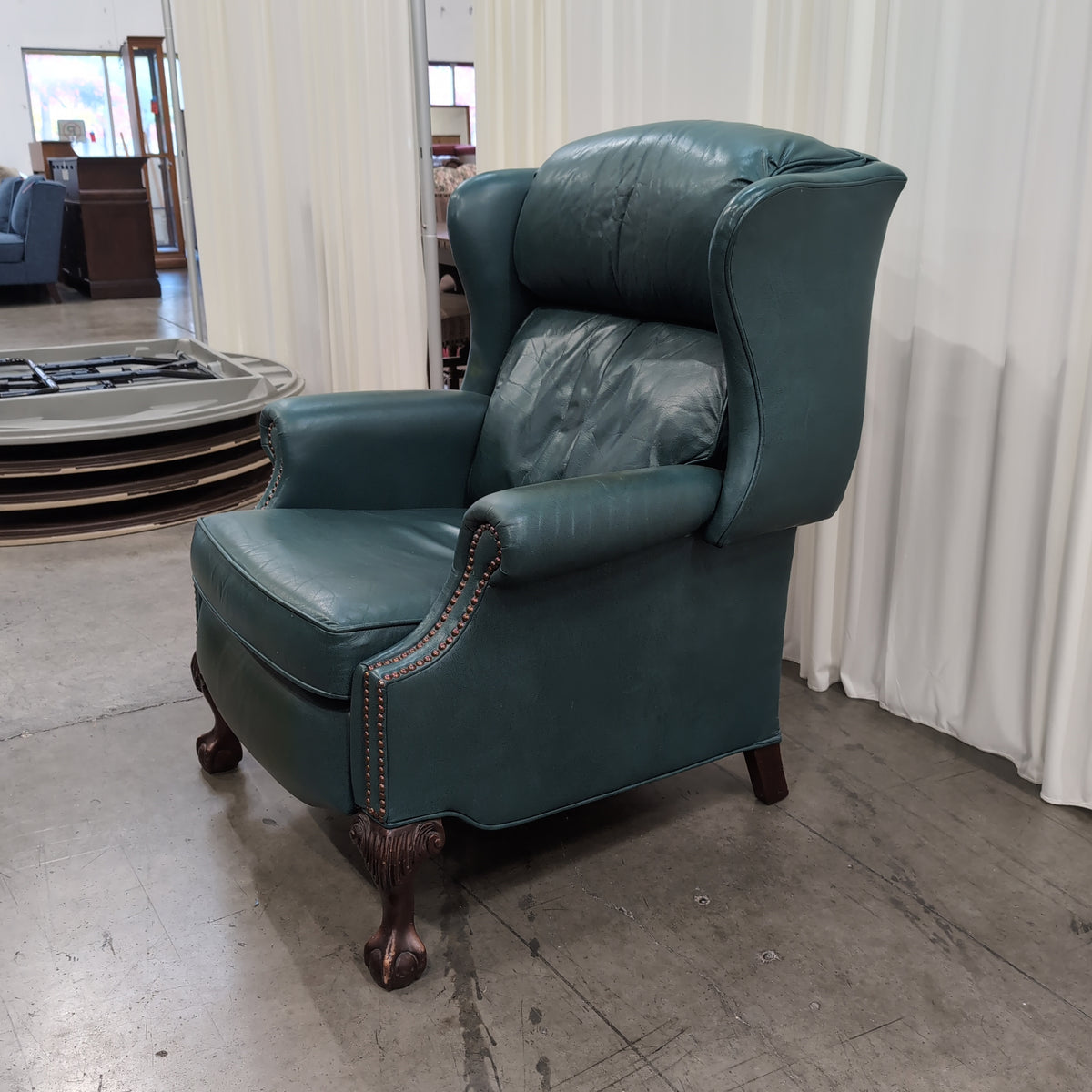 Deep Green Tufted Leather Armchair with Nailhead Trim