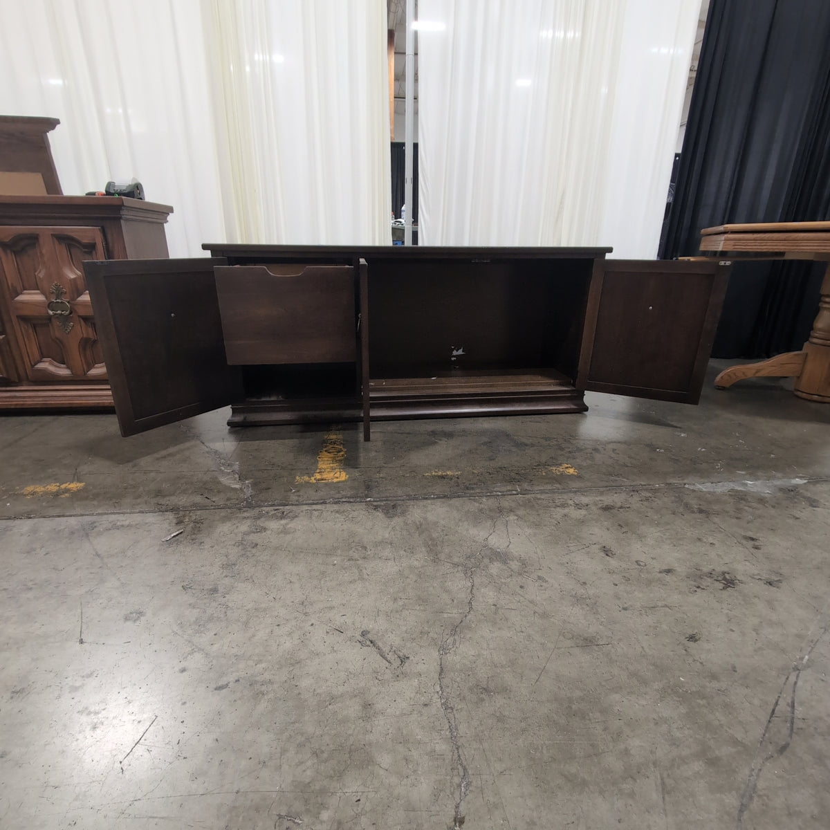 Dark Hardwood Three-Door Buffet with Ornate Pulls