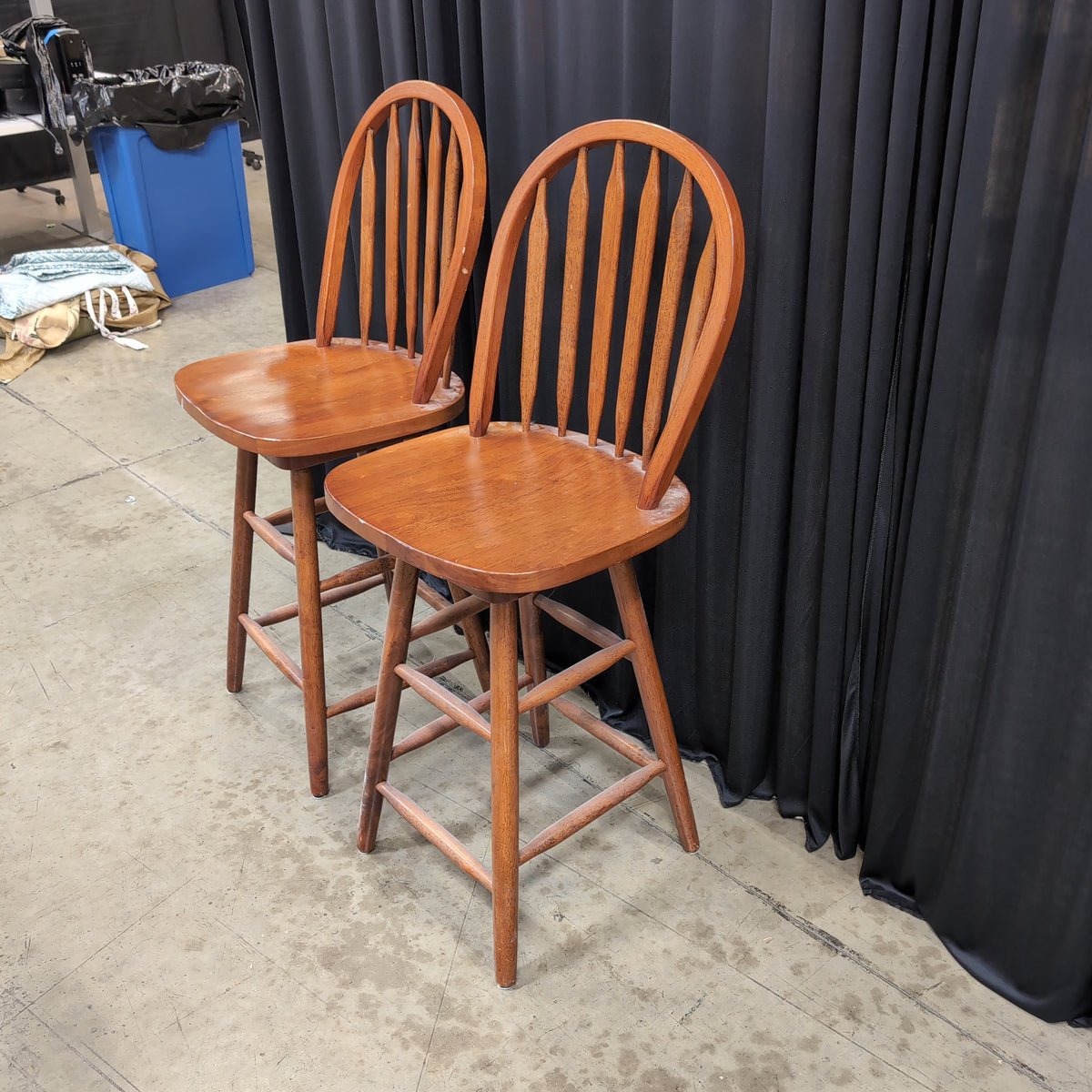 Pair of Warm Brown Wood Bar Stools with Spindle Backs