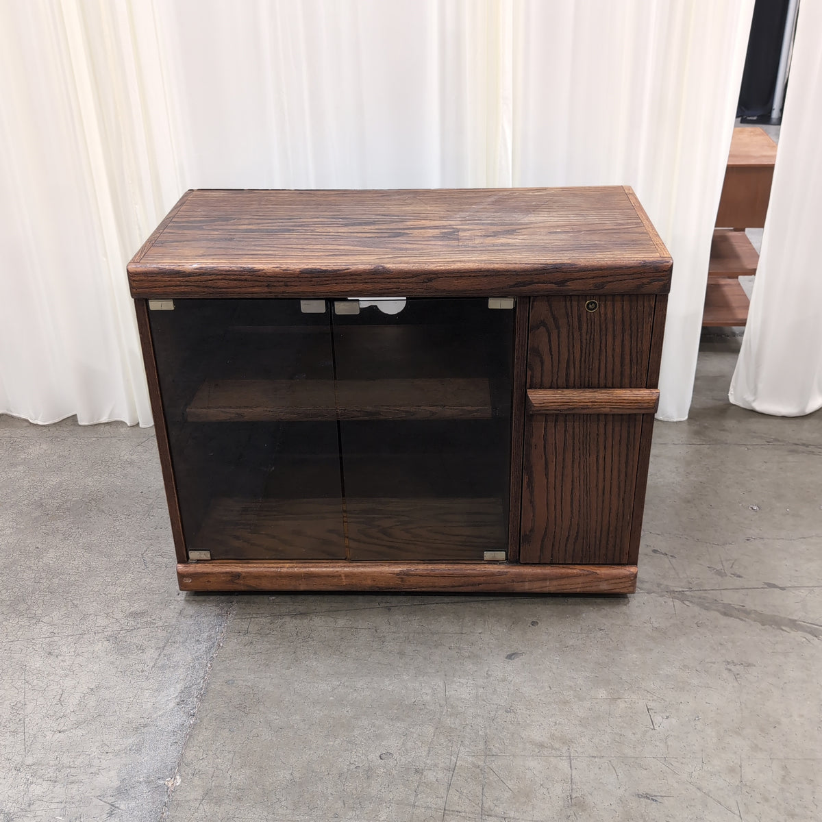 Dark Stained Wood TV Stand with Glass Doors
