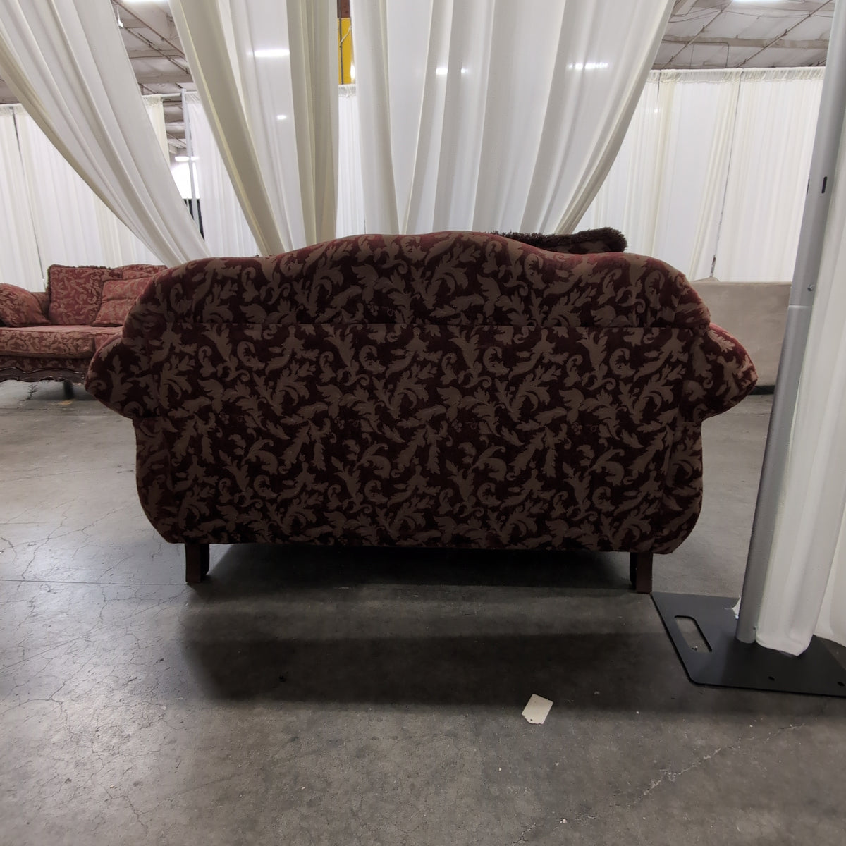 Ornate Red and Gold Damask Loveseat with Carved Wood