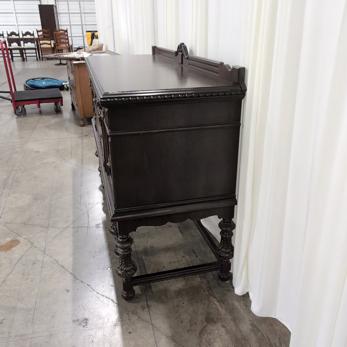 Dark Wood Ornate Carved Buffet with Turned Legs