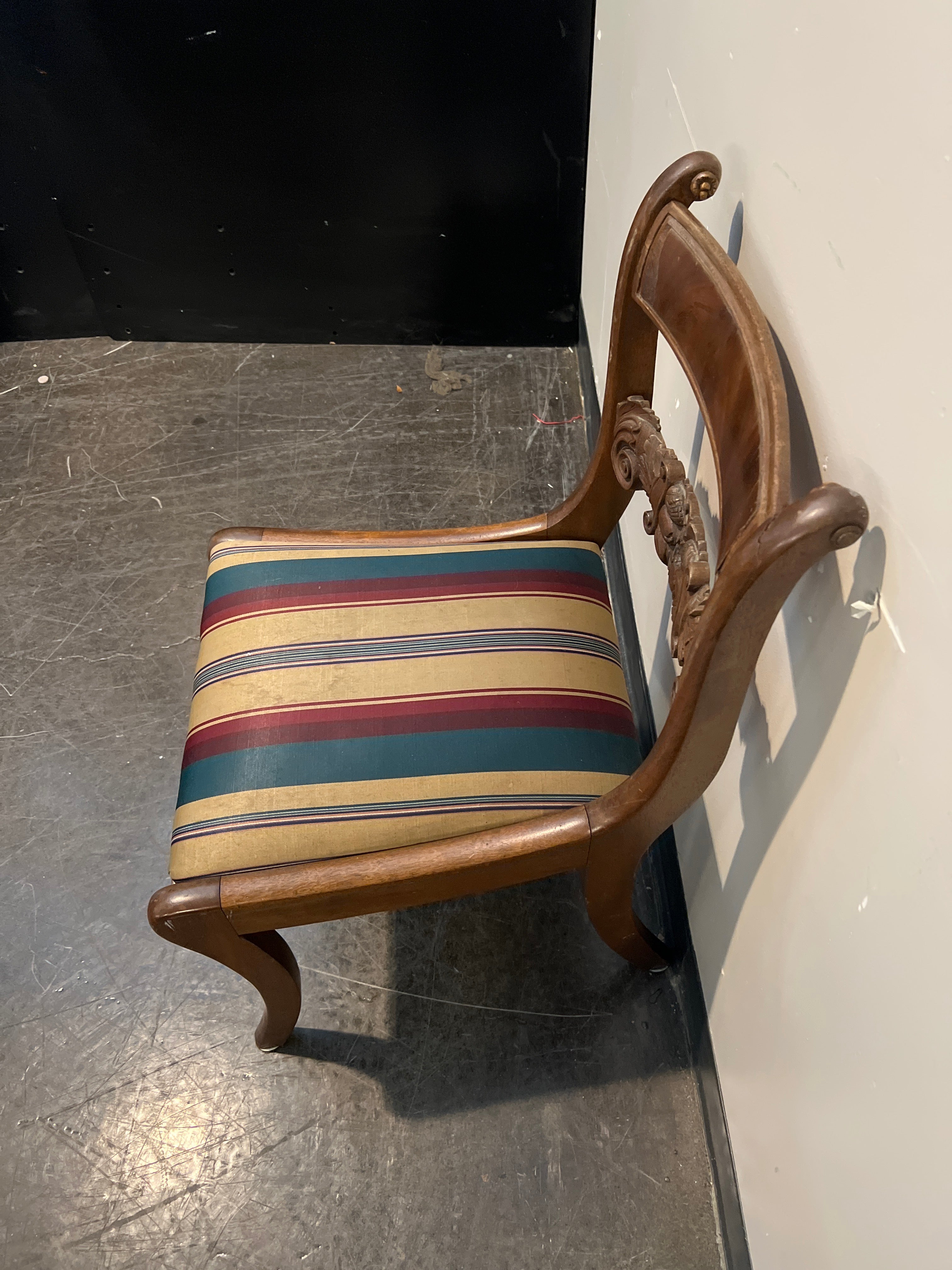 Carved Wood Dining Chair with Striped Seat
