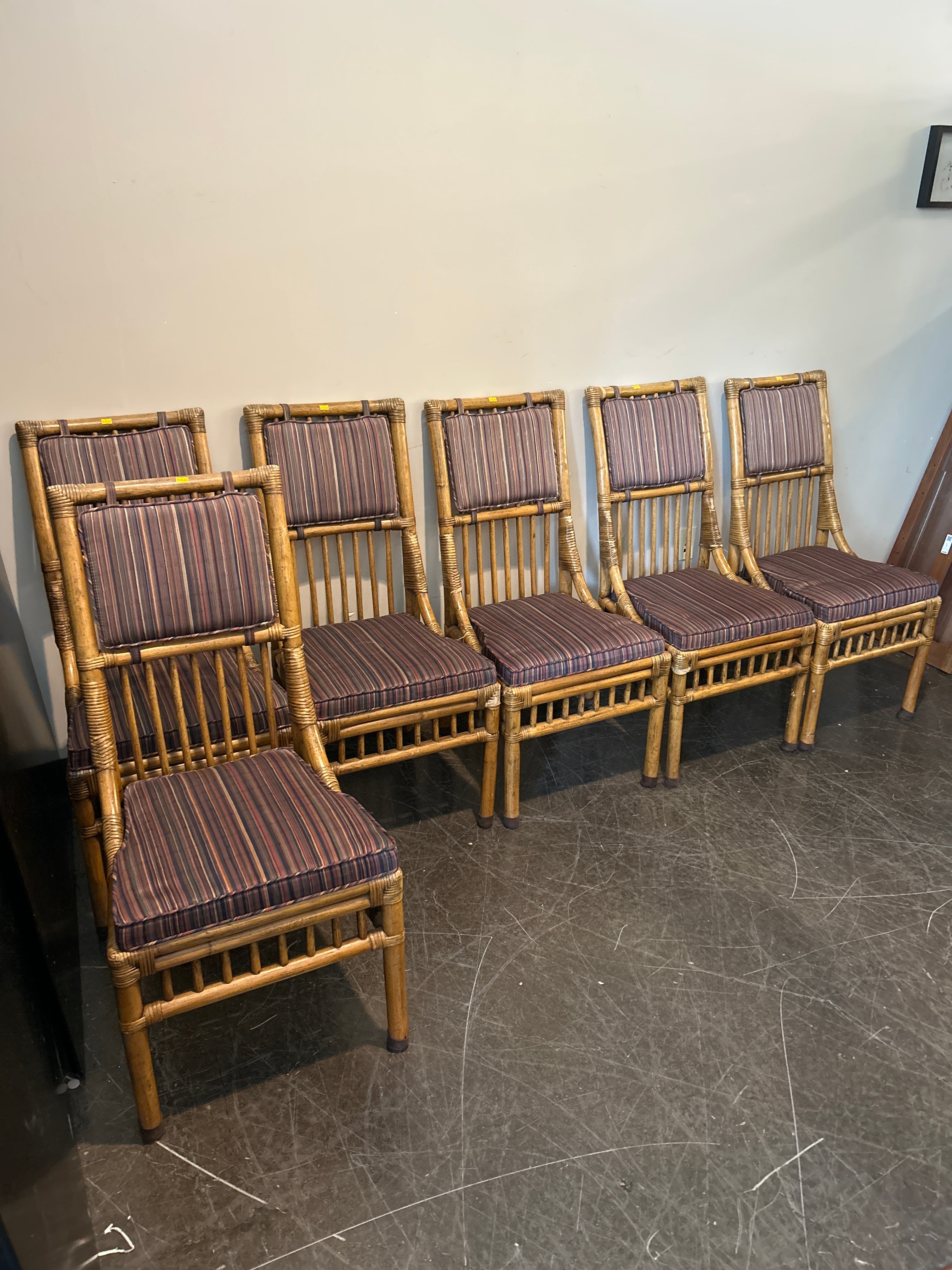 Henredon Bamboo Rattan Dining Chair Set – Striped Cushion, Armless