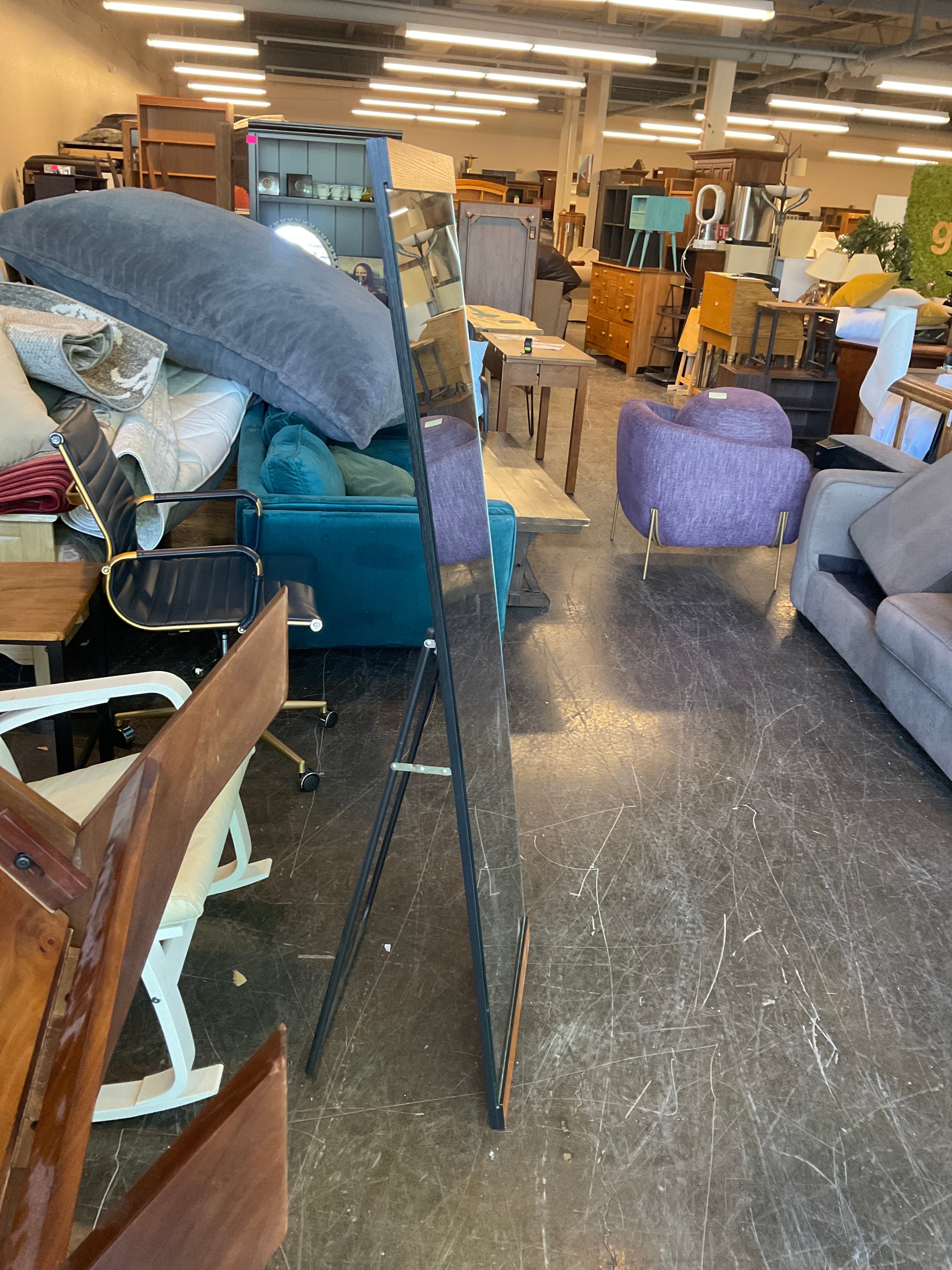 Mid-Century Style Standing Mirror with Wood Trim