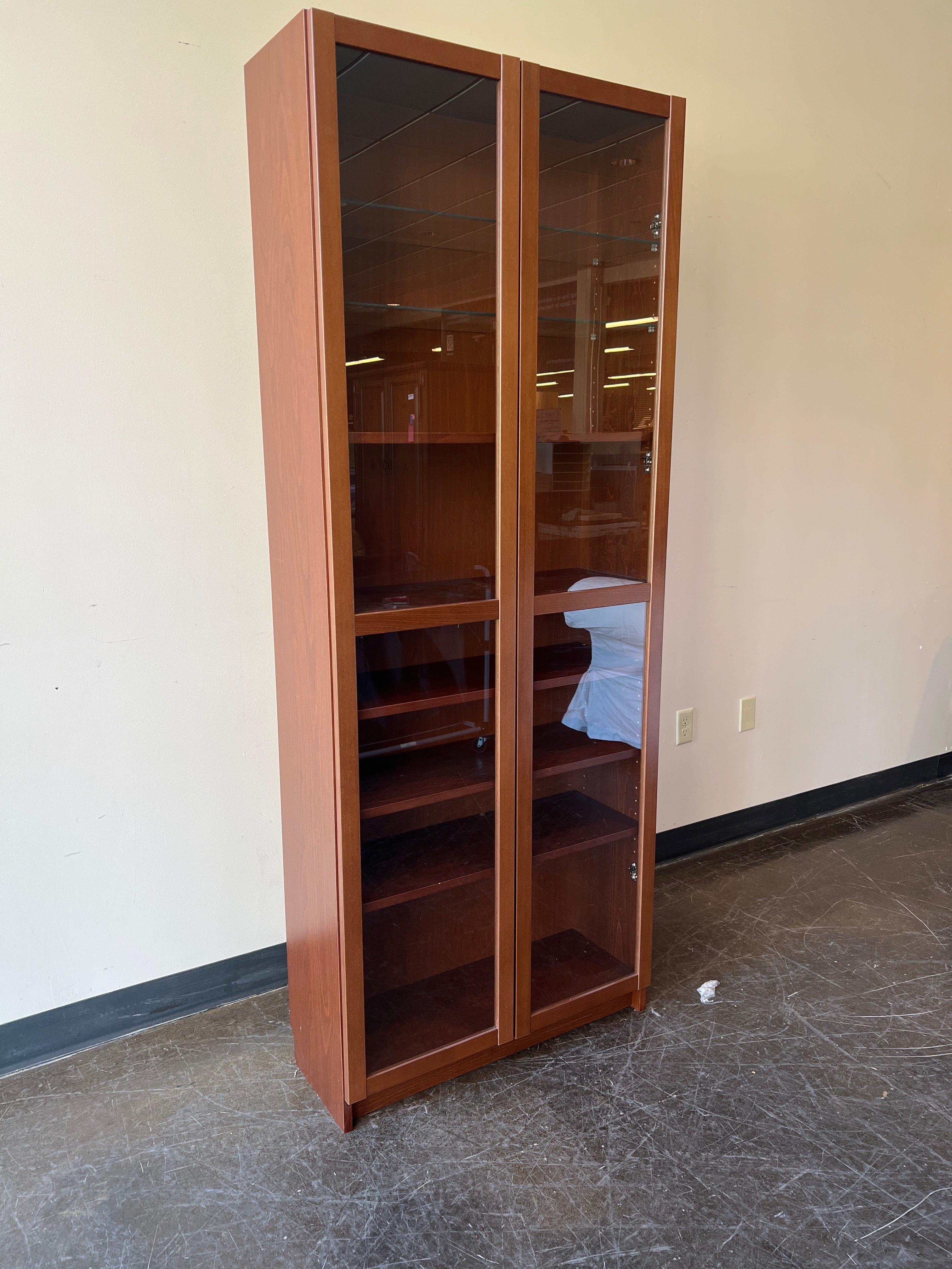 Tall Brown 8-Shelf Wood Glass Display Cabinet