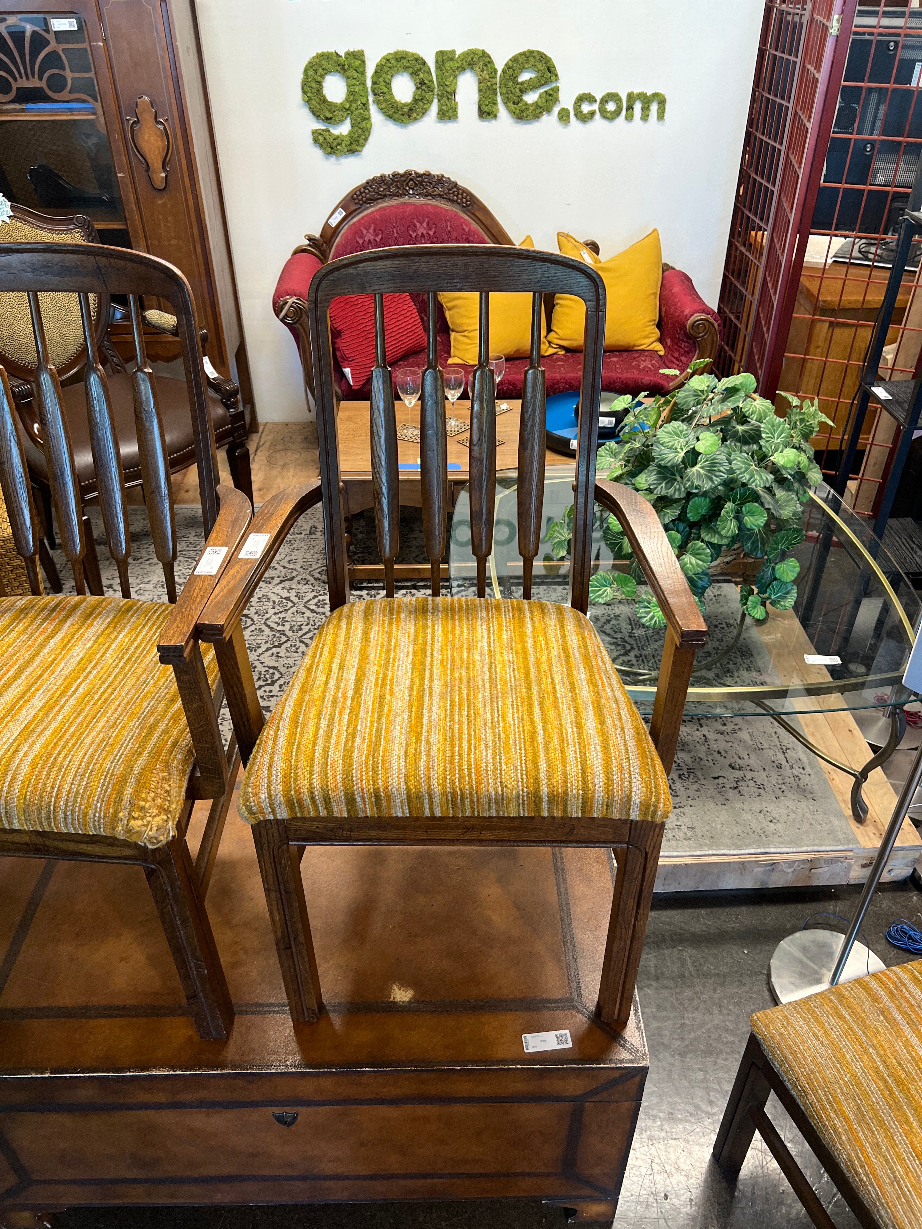 Mid-Century Solid Wood Armchair with Gold Striped Upholstery