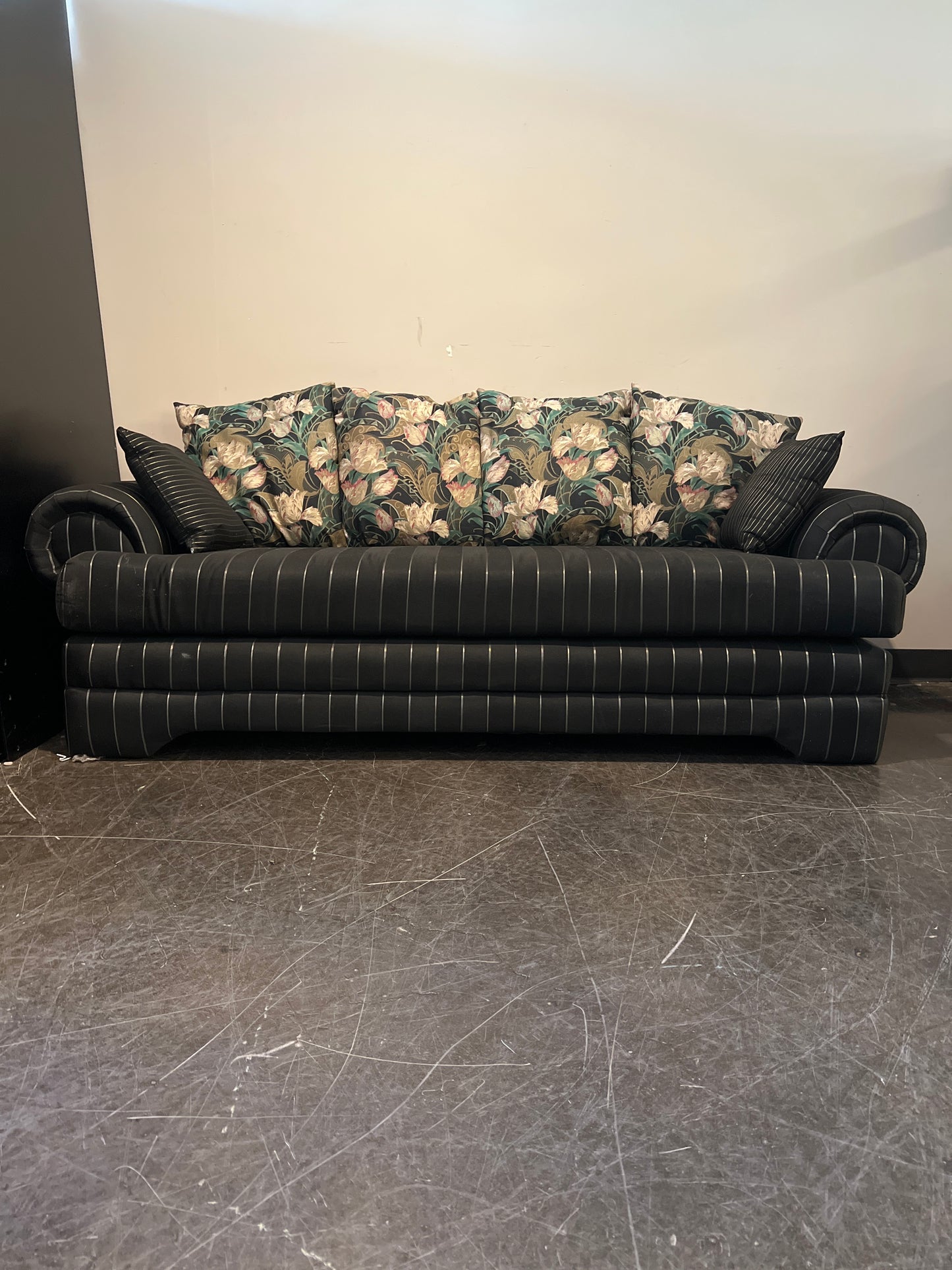 Pacific Oaks Striped Sofa with Floral Cushions