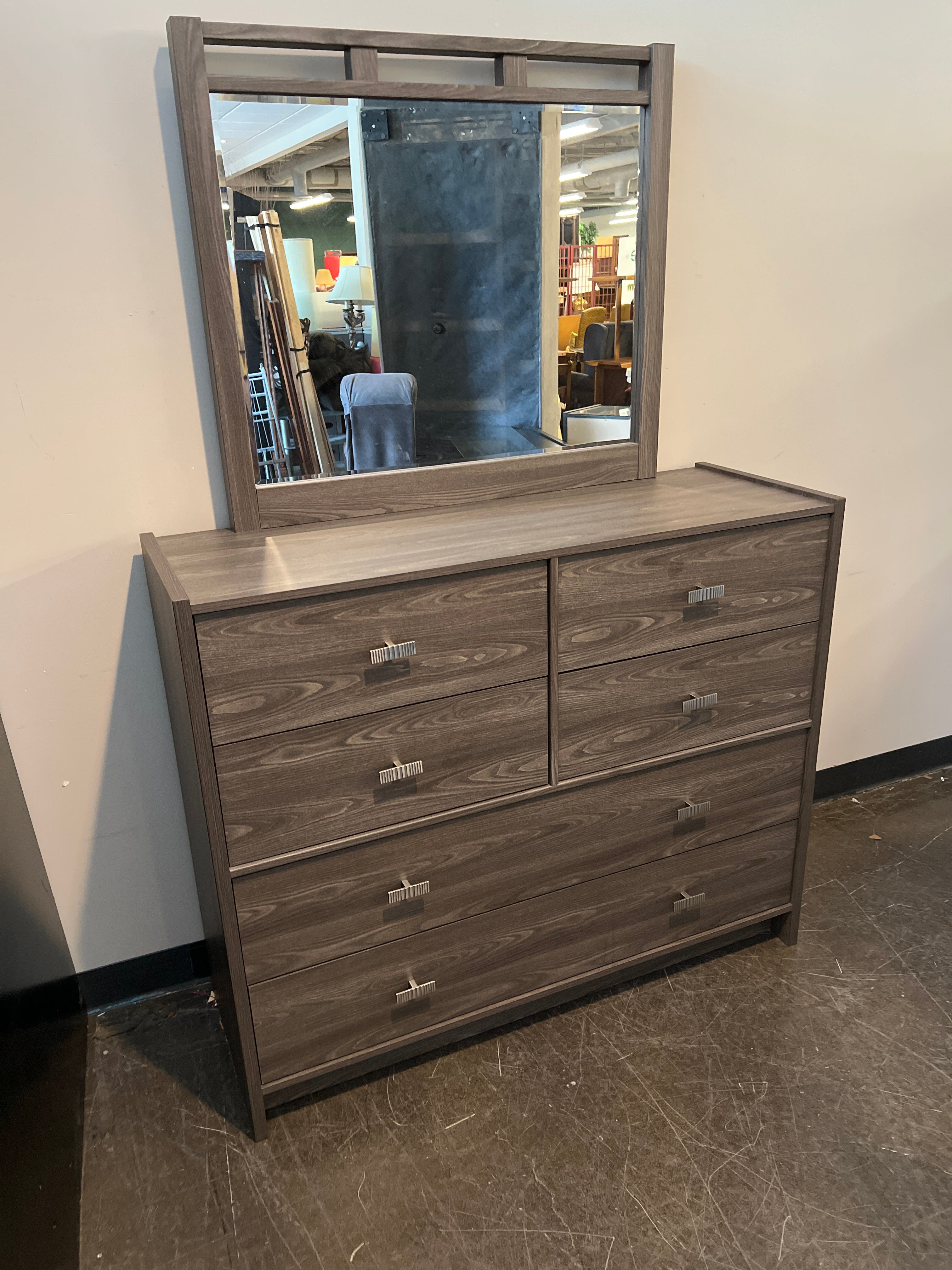 Dark Gray Six-Drawer Dresser with Mirrored Top