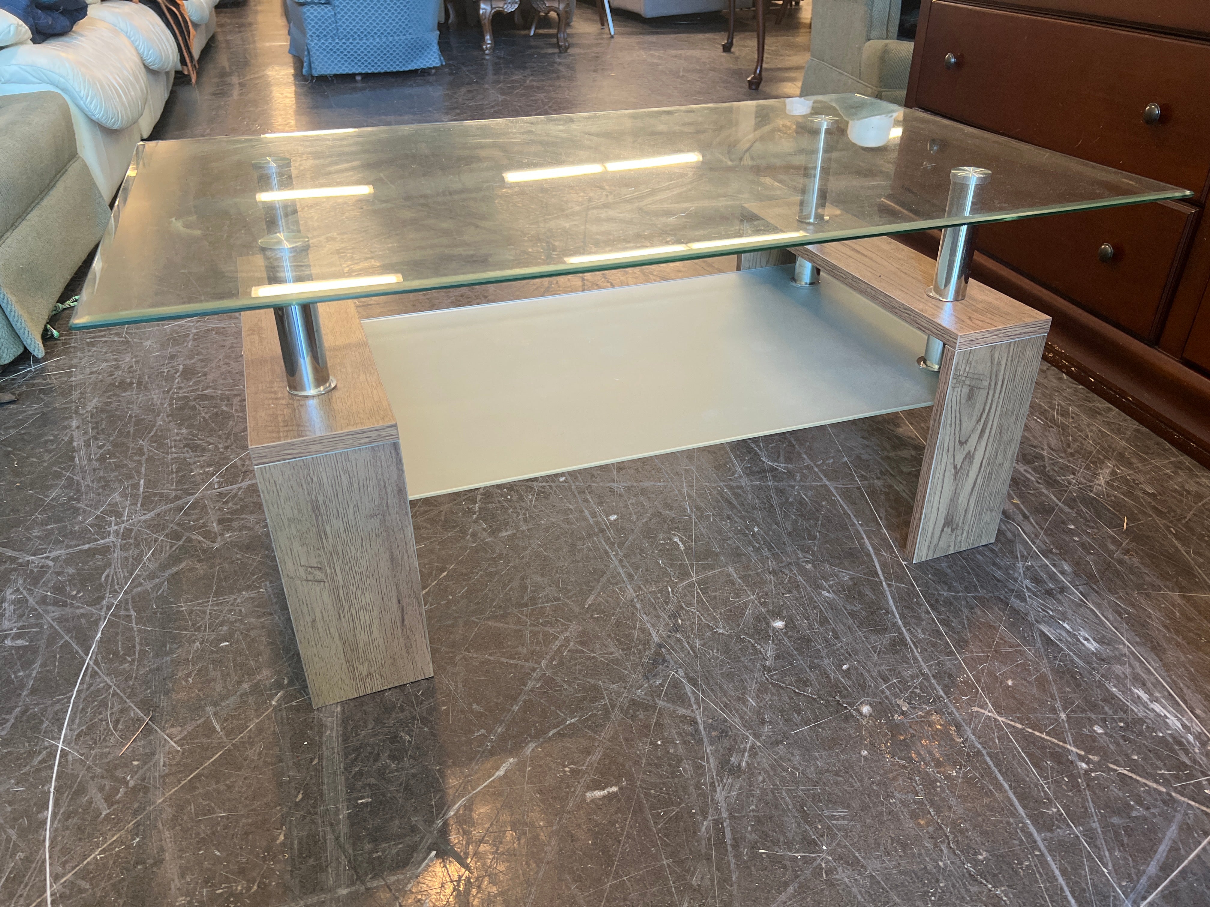 Modern Glass-Top Coffee Table with Wood Accents