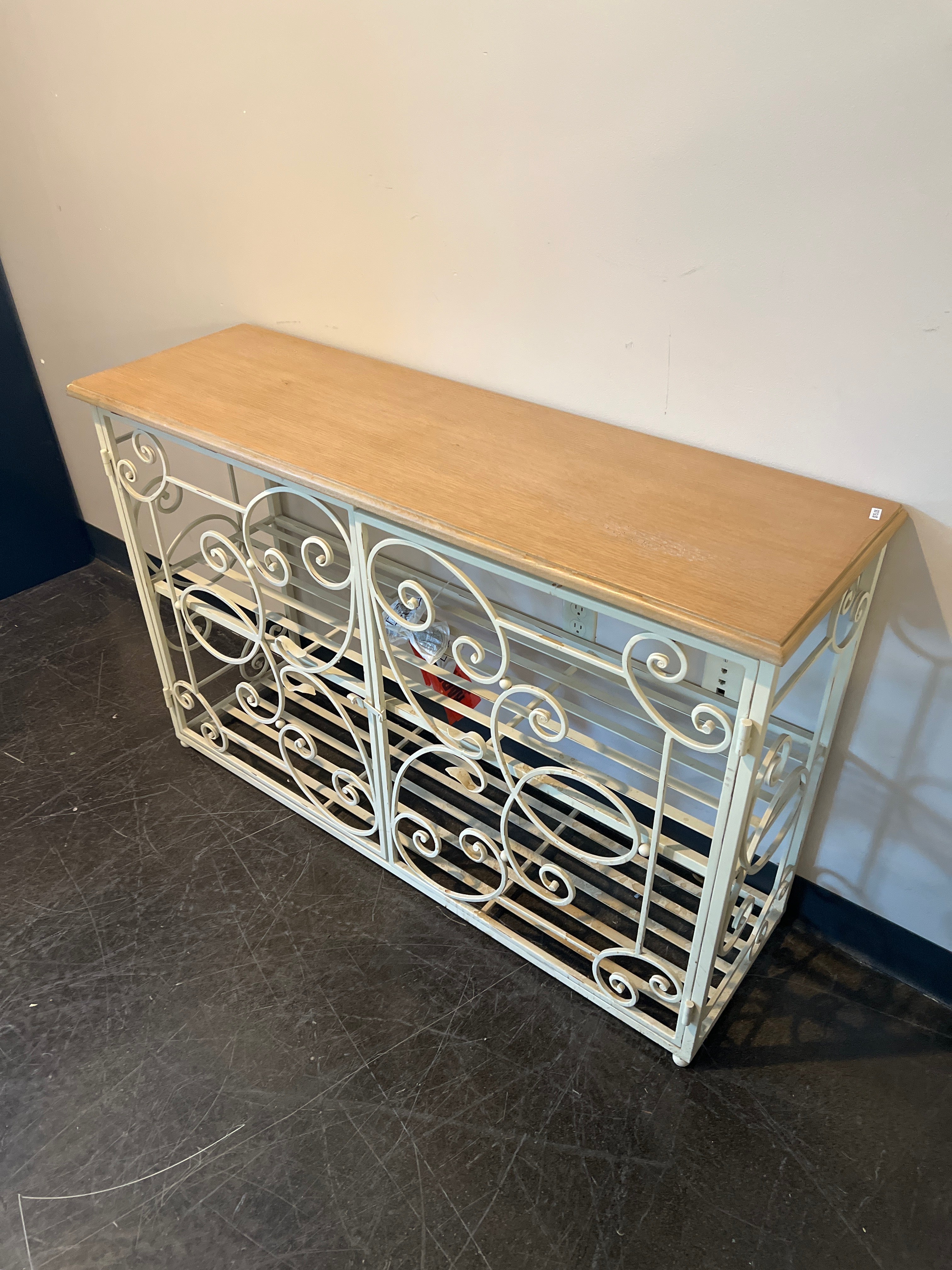 White Scroll Metal Cabinet with Wood Top