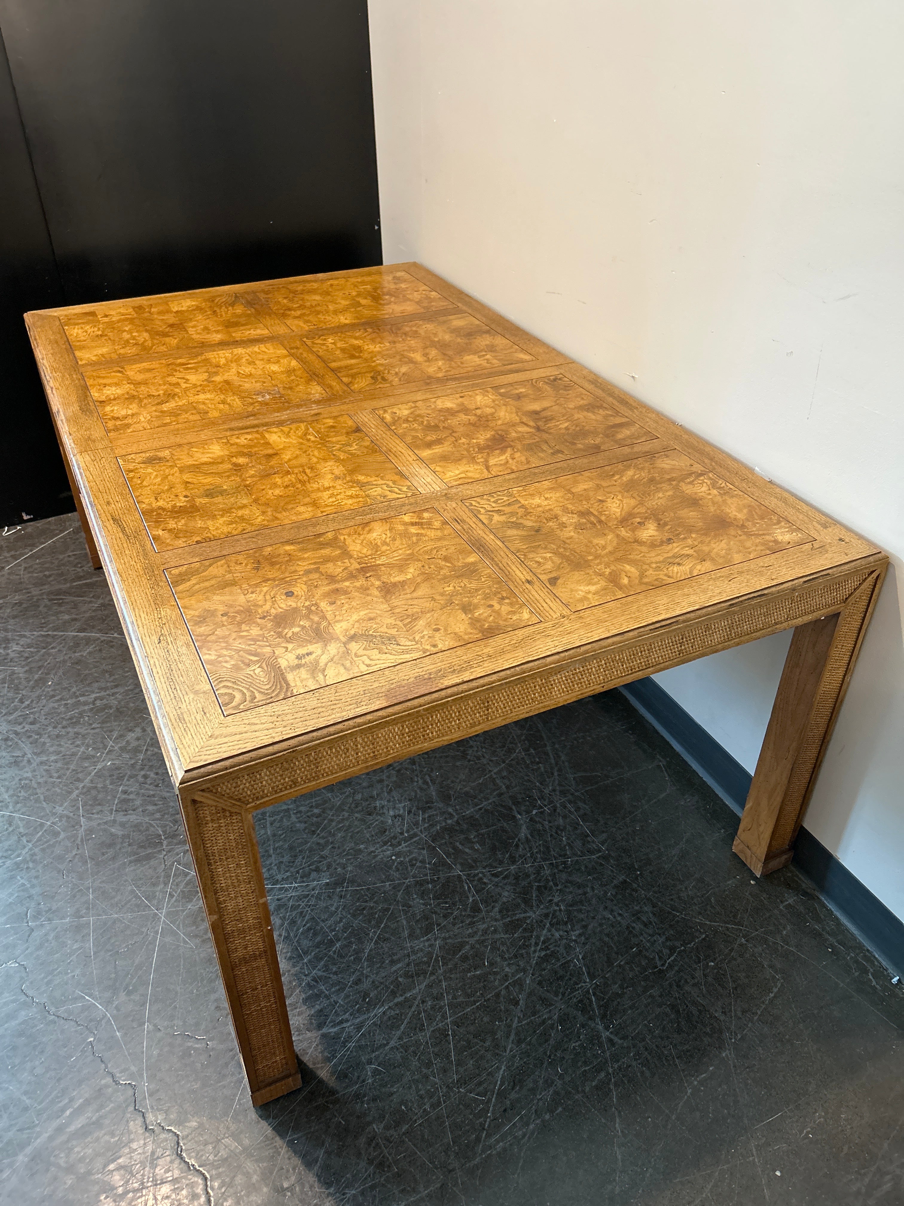 Henredon Burl Wood Dining Table – Cane Accents, Modern Deco Style