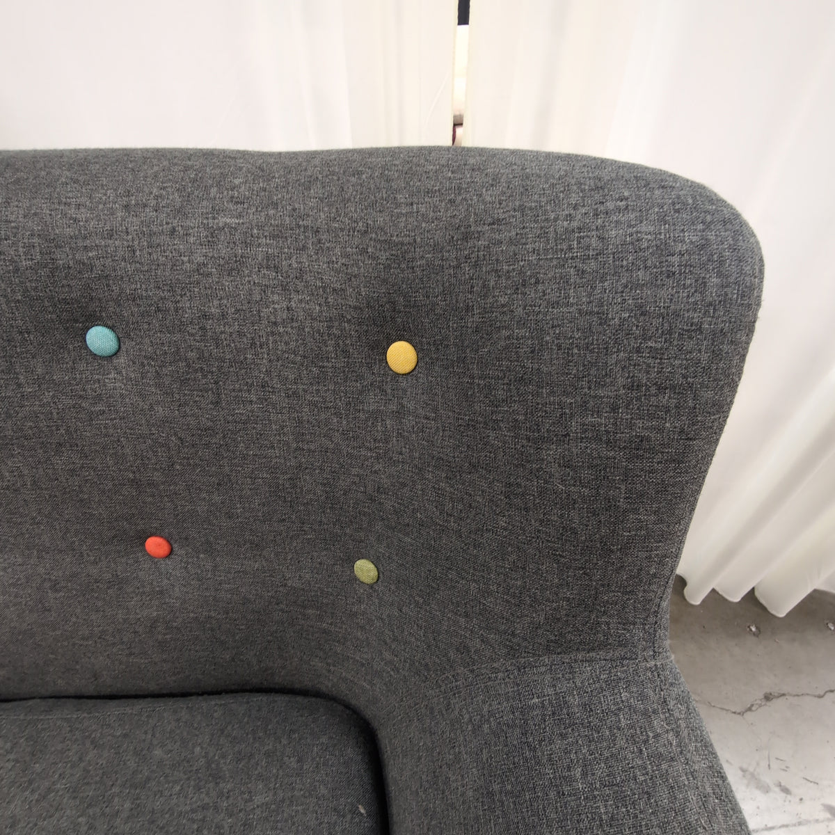 Mid-Century Gray Fabric Couch with Colorful Buttons