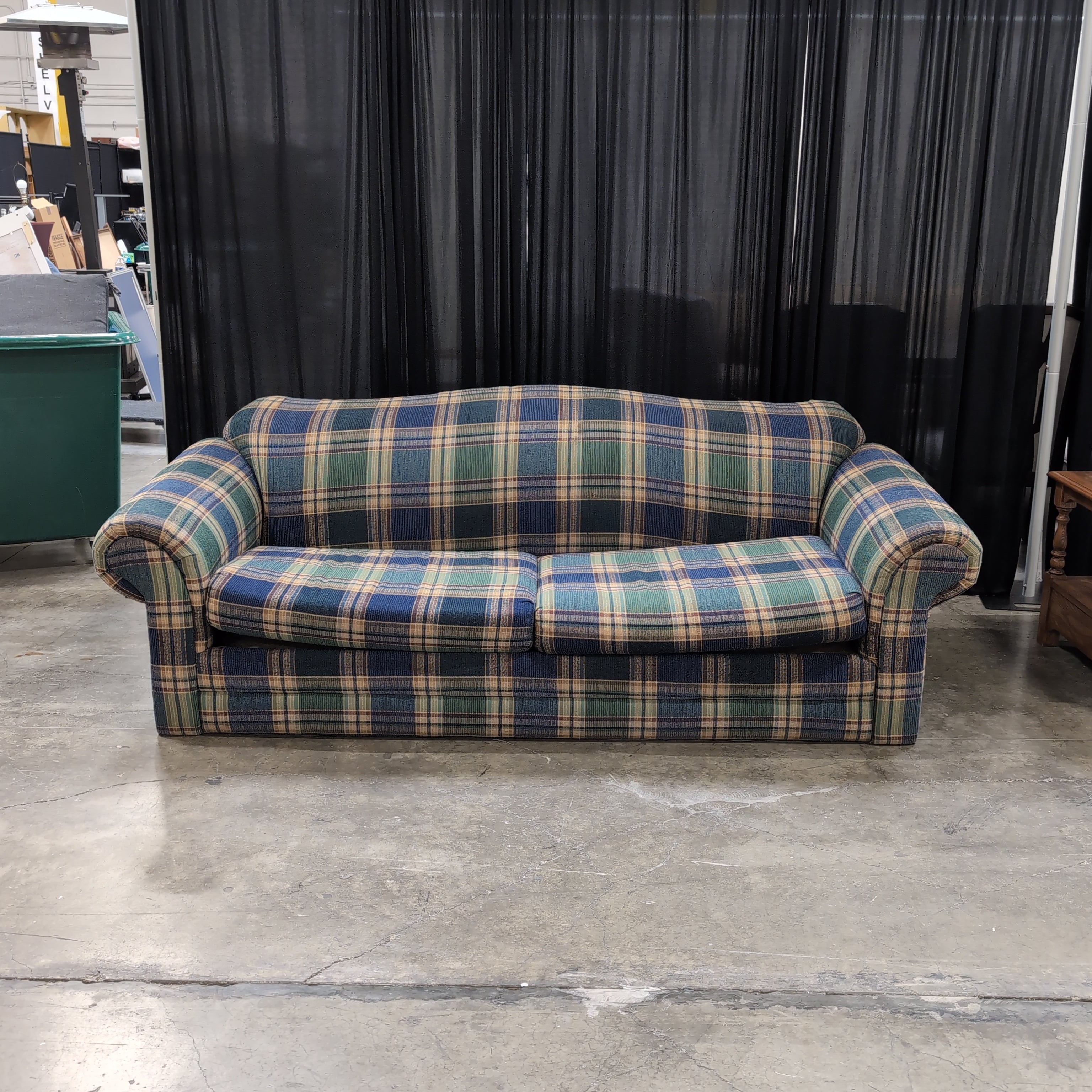 Traditional Blue and Green Plaid Fabric Loveseat