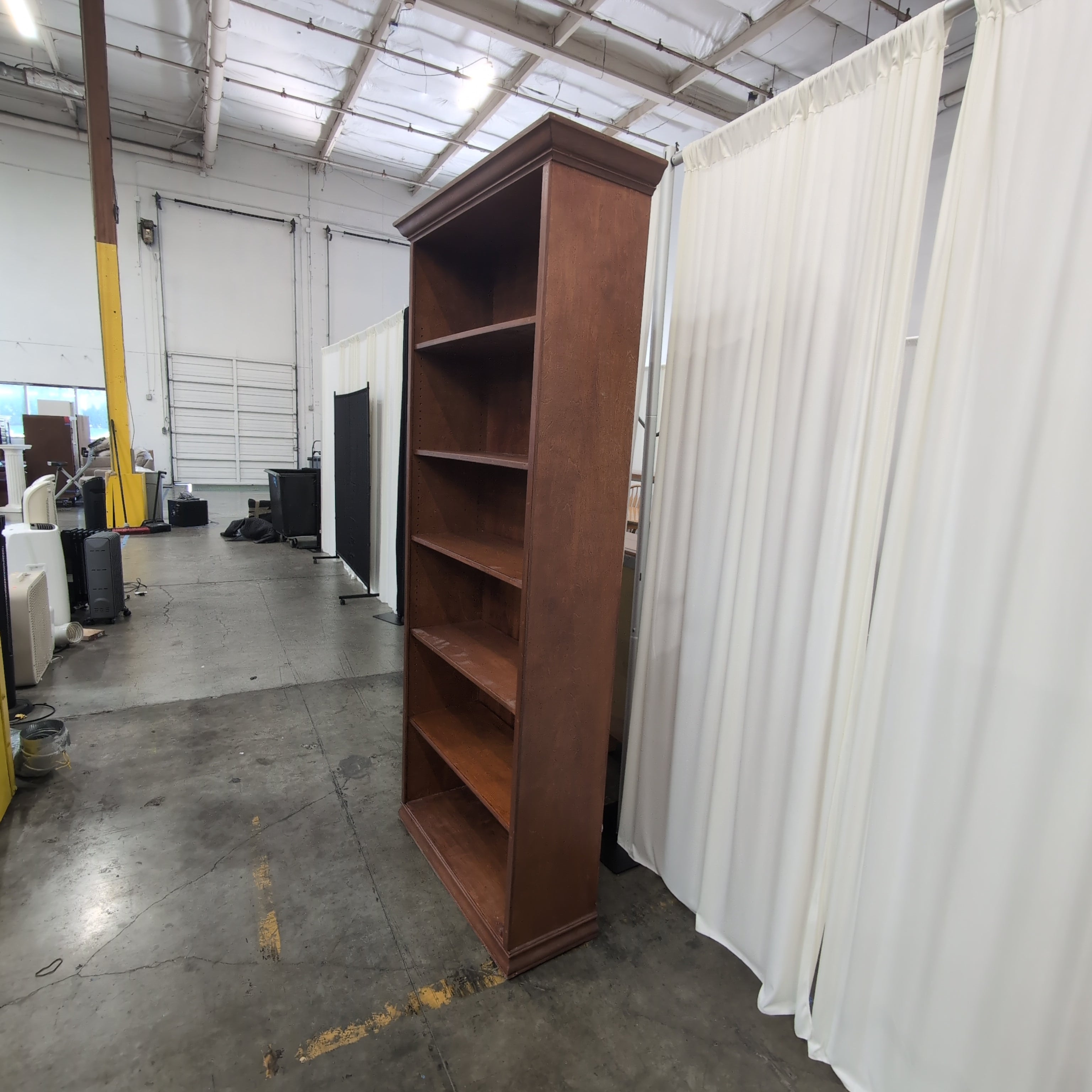 Brown Wood Five-Shelf Bookcase with Crown Molding
