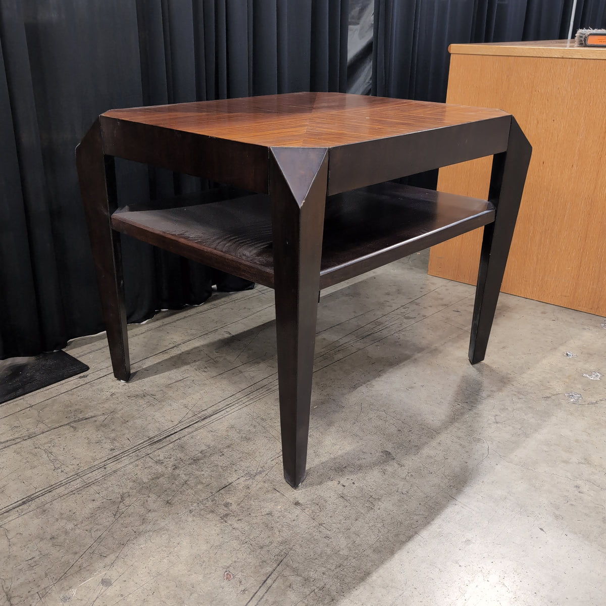 Geometric Veneer Wood End Table with Lower Shelf