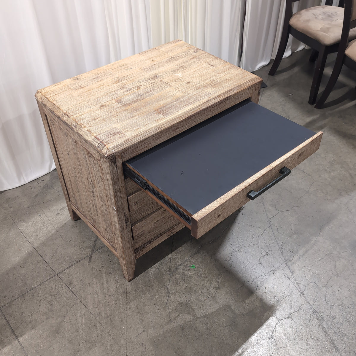 Distressed Light Wood Three-Drawer Nightstand