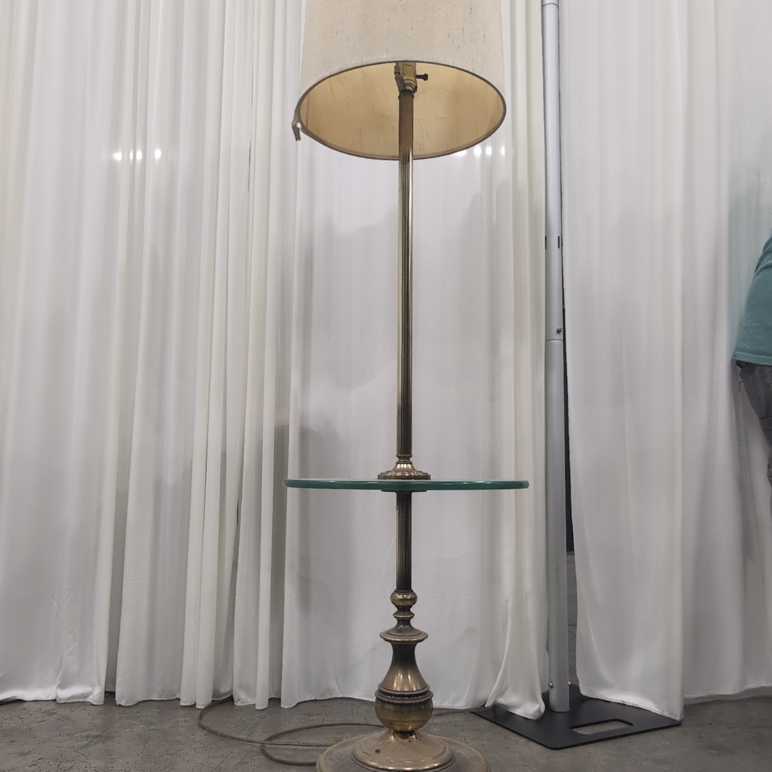 Brass-Toned Floor Lamp with Round Glass Table