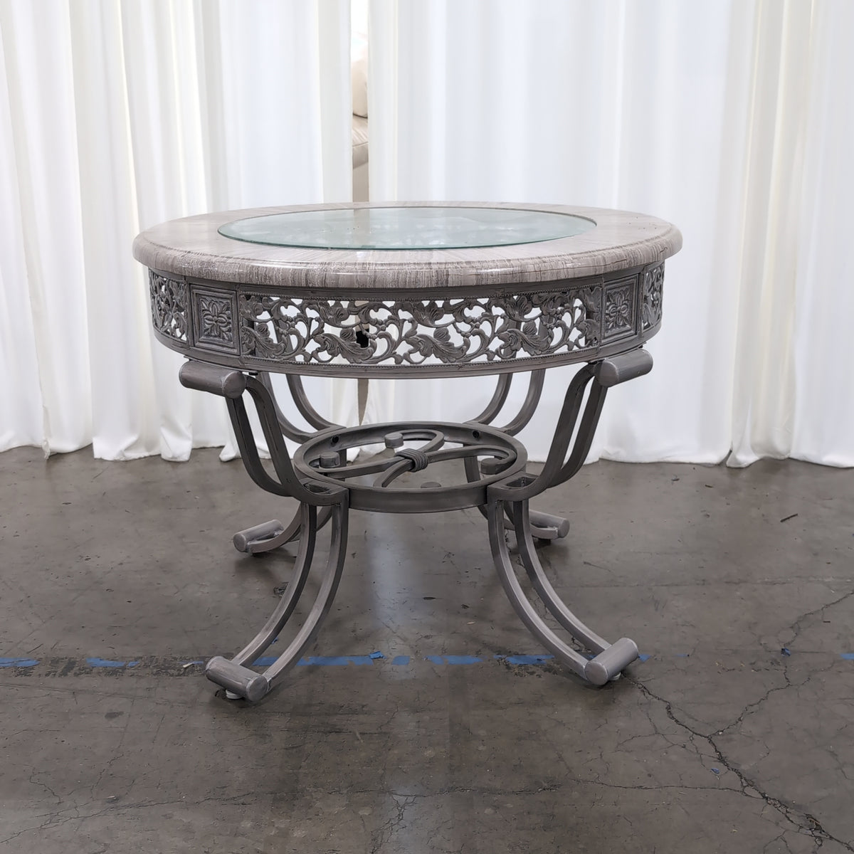 Grey Stone Top Round End Table with Ornate Metal Base