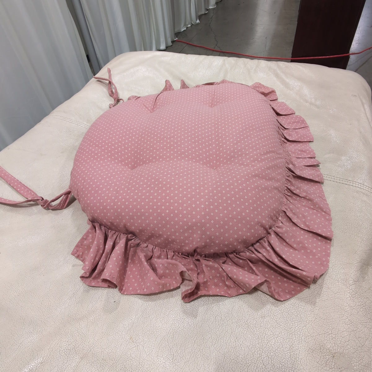 Pink Dotted Round Chair Cushion with Ties