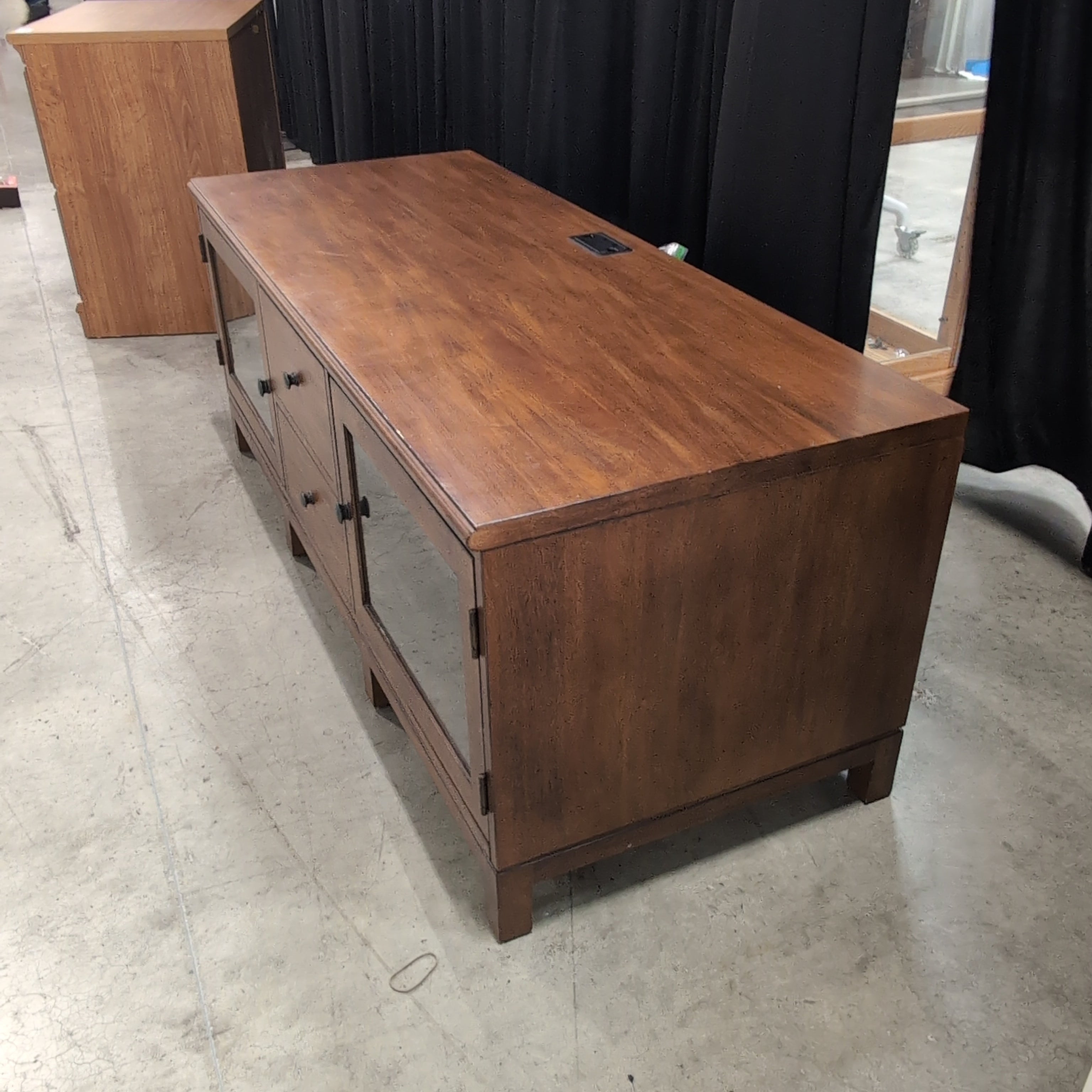 Medium Brown Hardwood TV Stand with Glass Doors
