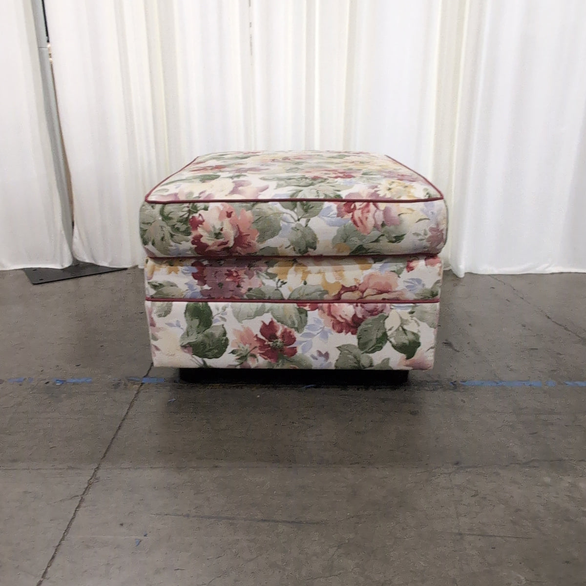 Square Floral Upholstered Ottoman with Red Piping