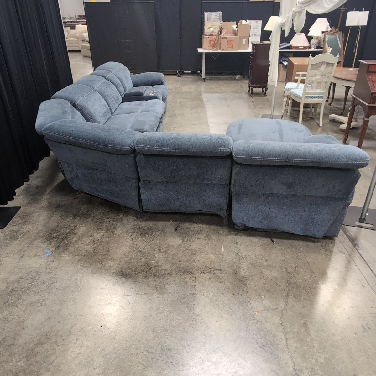 Slate Blue Fabric Reclining Sectional Couch with Cupholders