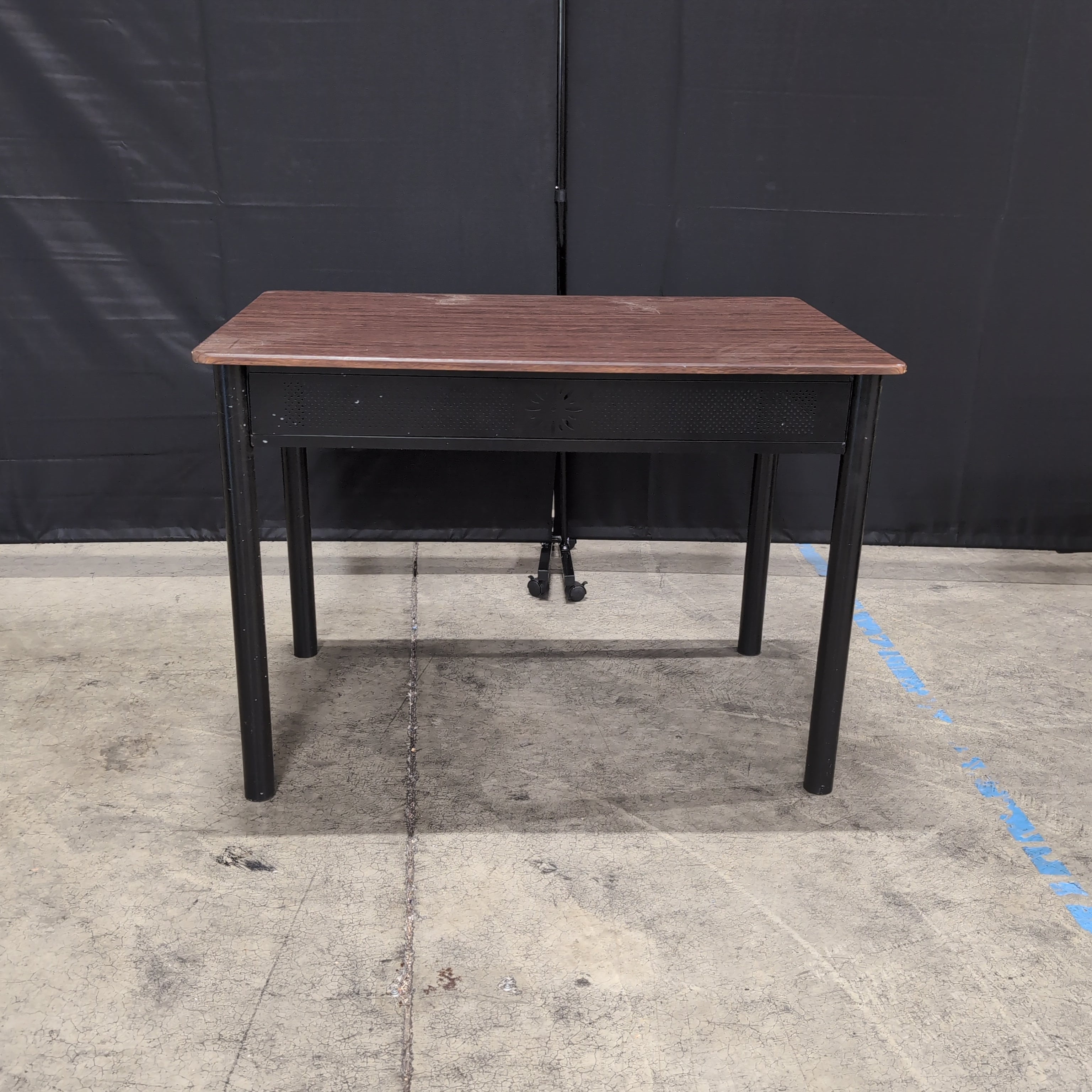 Brown Wood-Grain Top Desk with Perforated Metal Panel