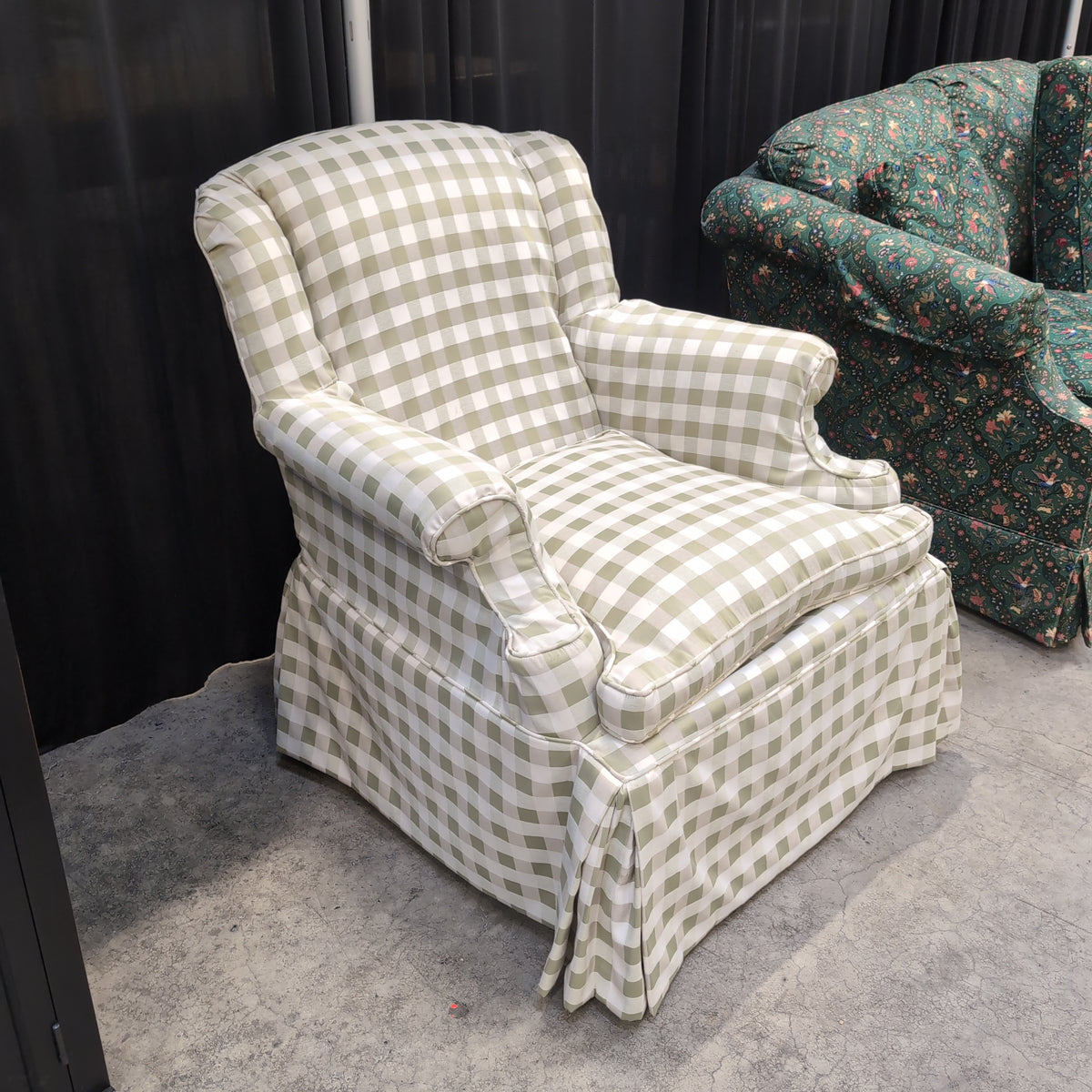Light Green Gingham Skirted Armchair