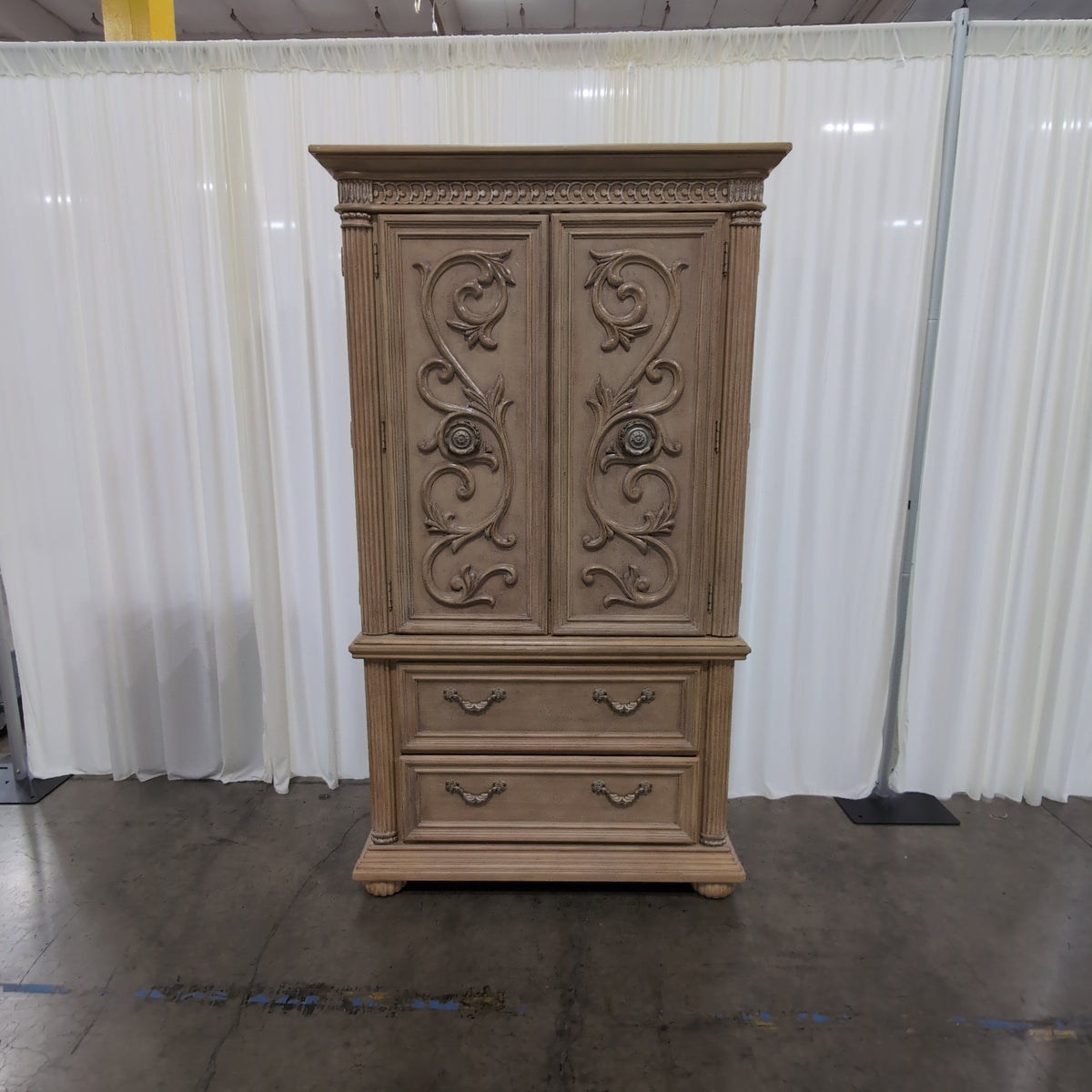 French Provincial Light Wood Two-Drawer Nightstand with Ornate Hardware