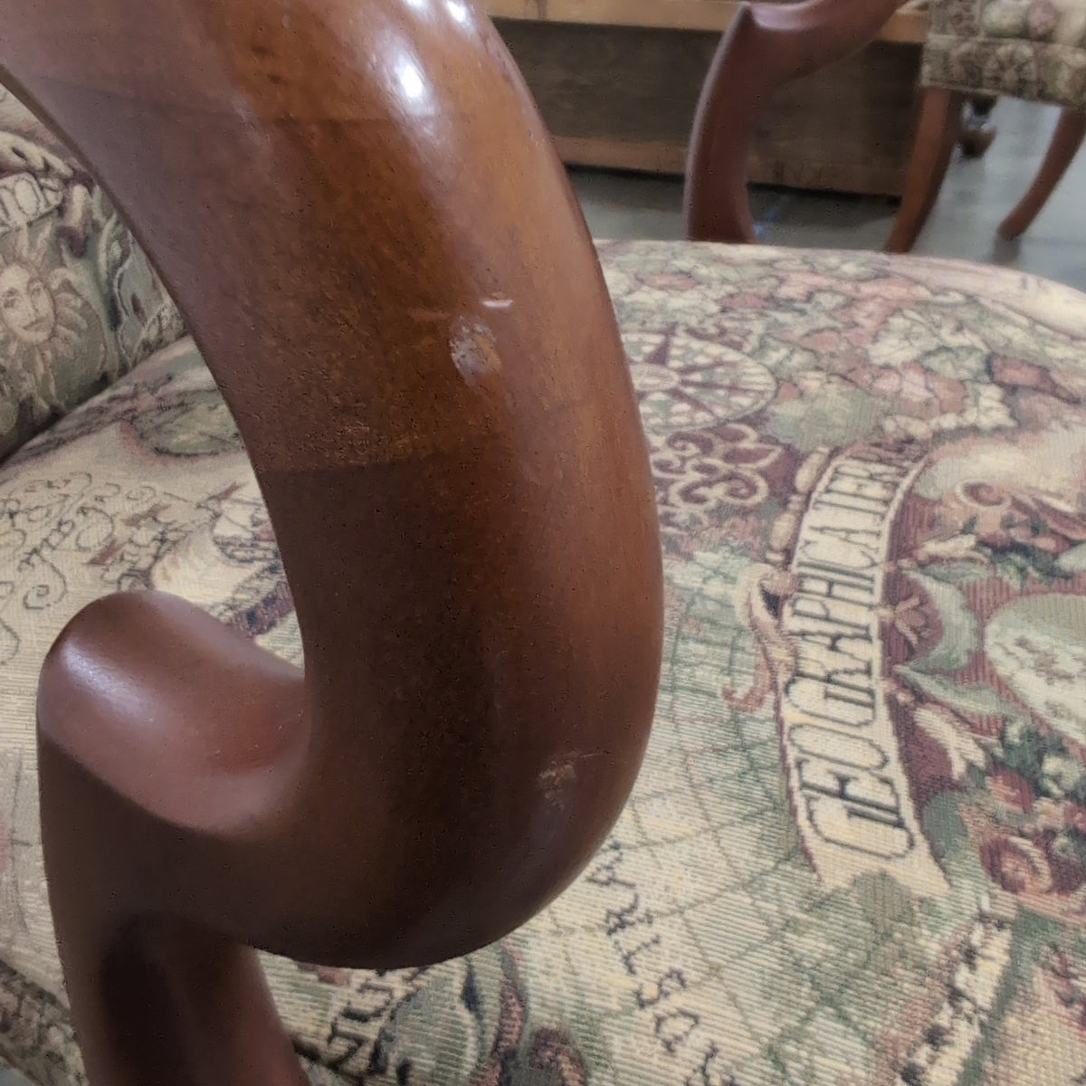 Traditional Carved Wood Arm Chair with Map Upholstery