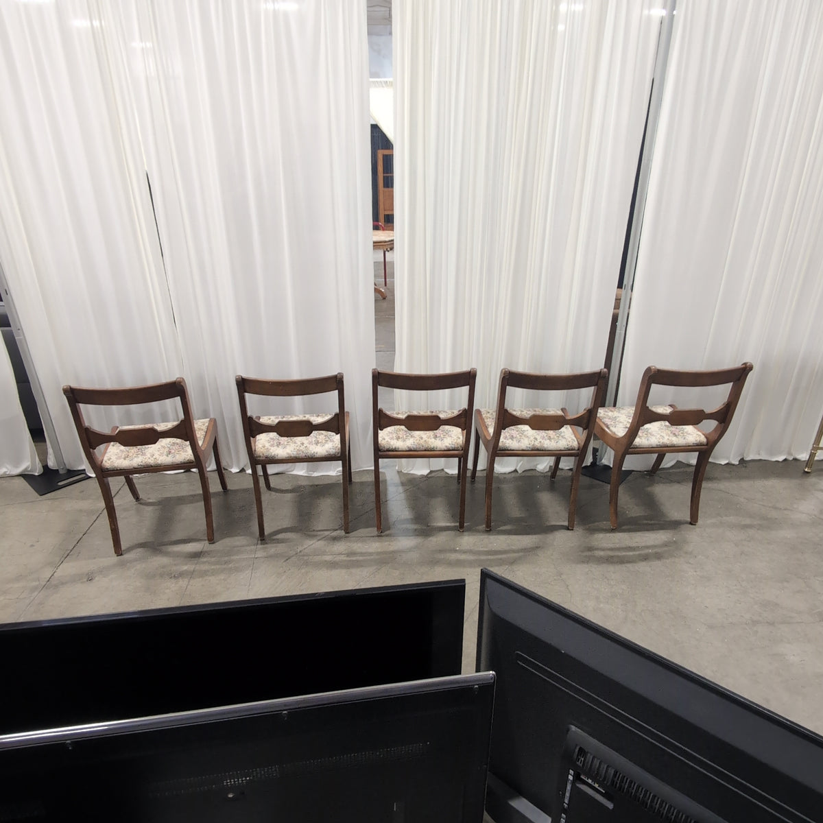 Set of Five Drexel Traditional Dark Wood Dining Chair with Floral Seat