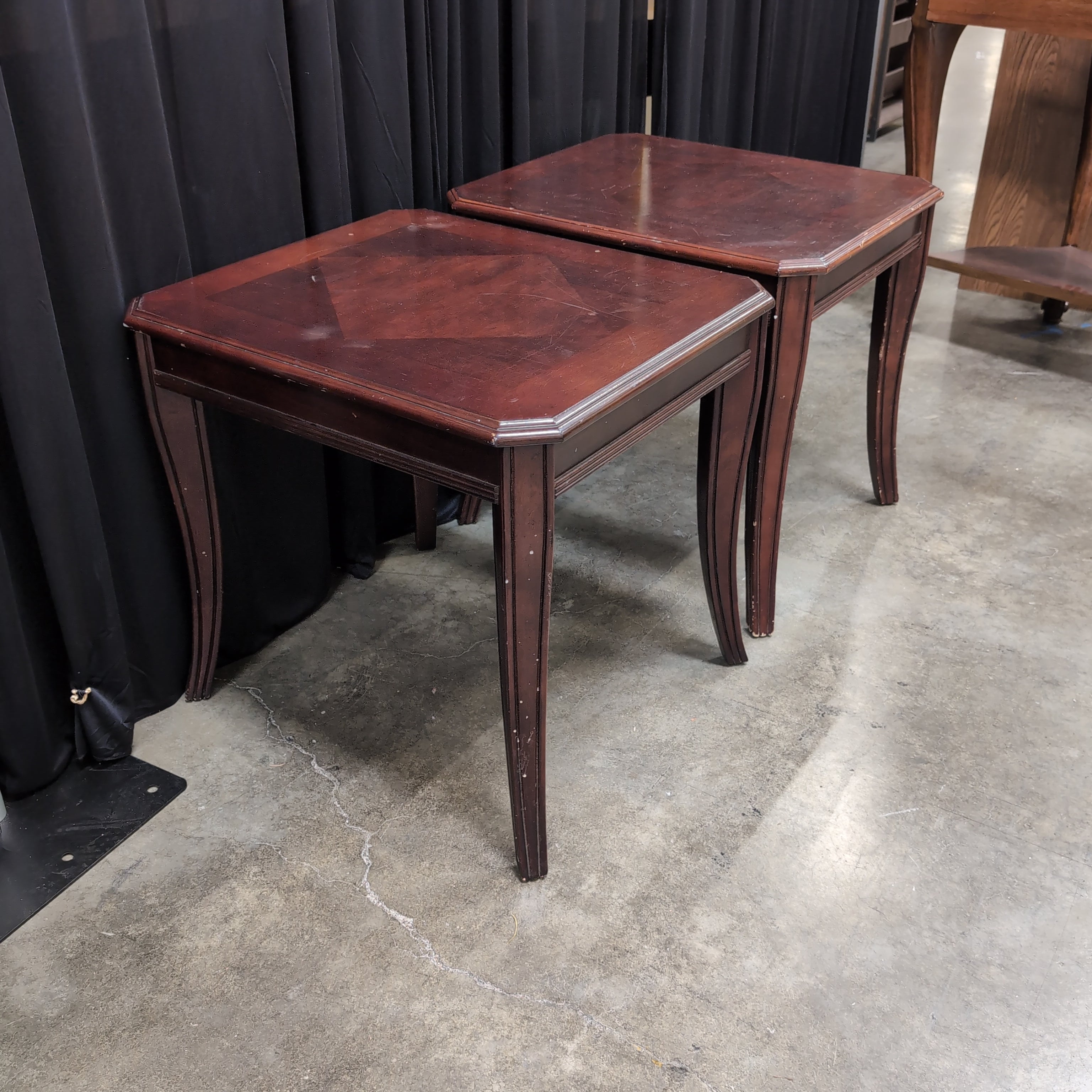 Pair of Dark Cherry Wood End Table with Curved Legs