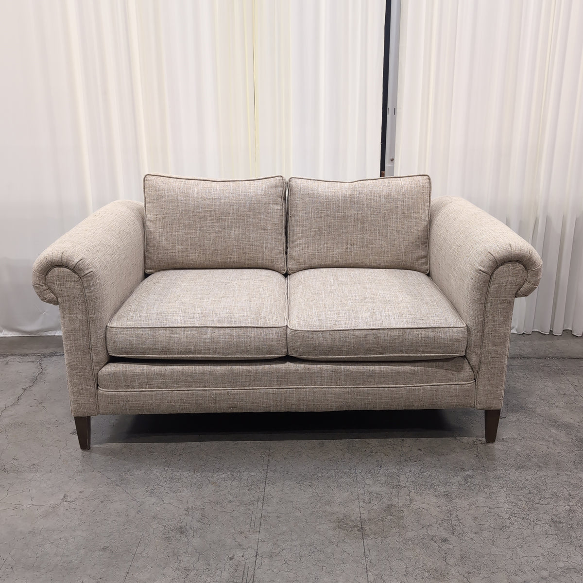 Light Beige Rolled Arm Loveseat in Woven Fabric