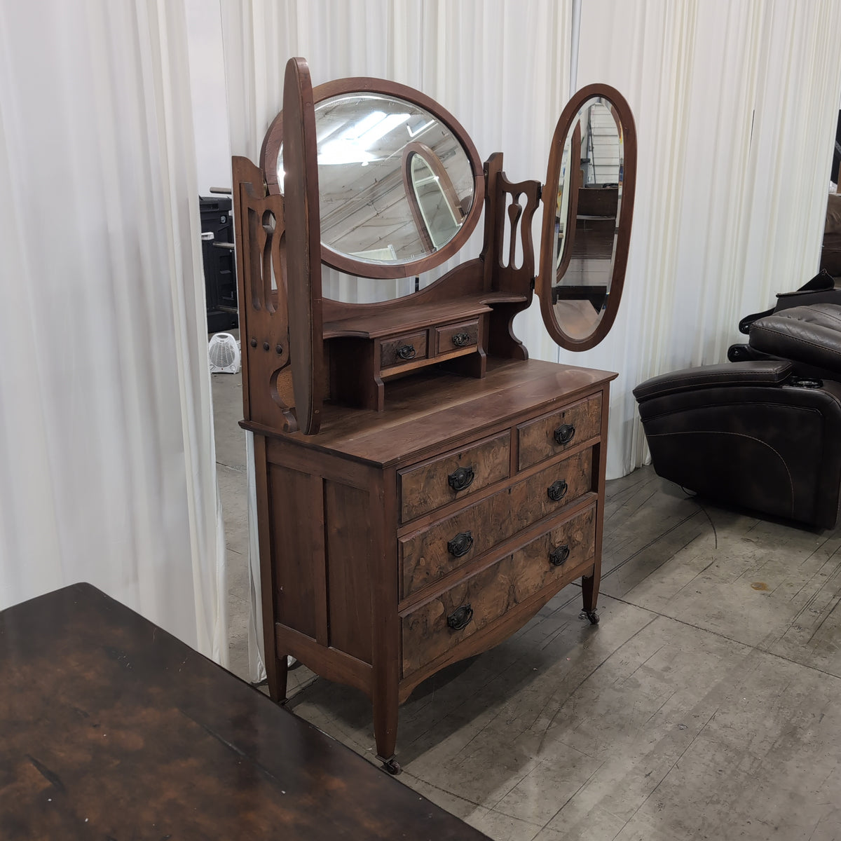 Antique Wood Dresser with Decorative Hutch Top