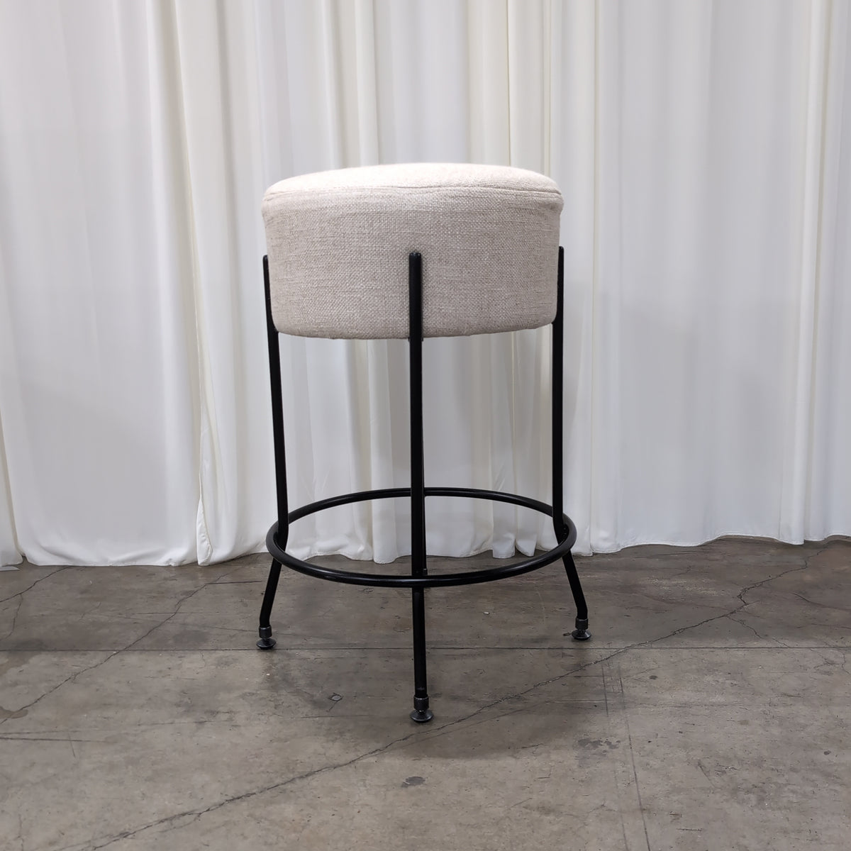 Round Upholstered Beige Stool with Metal Legs