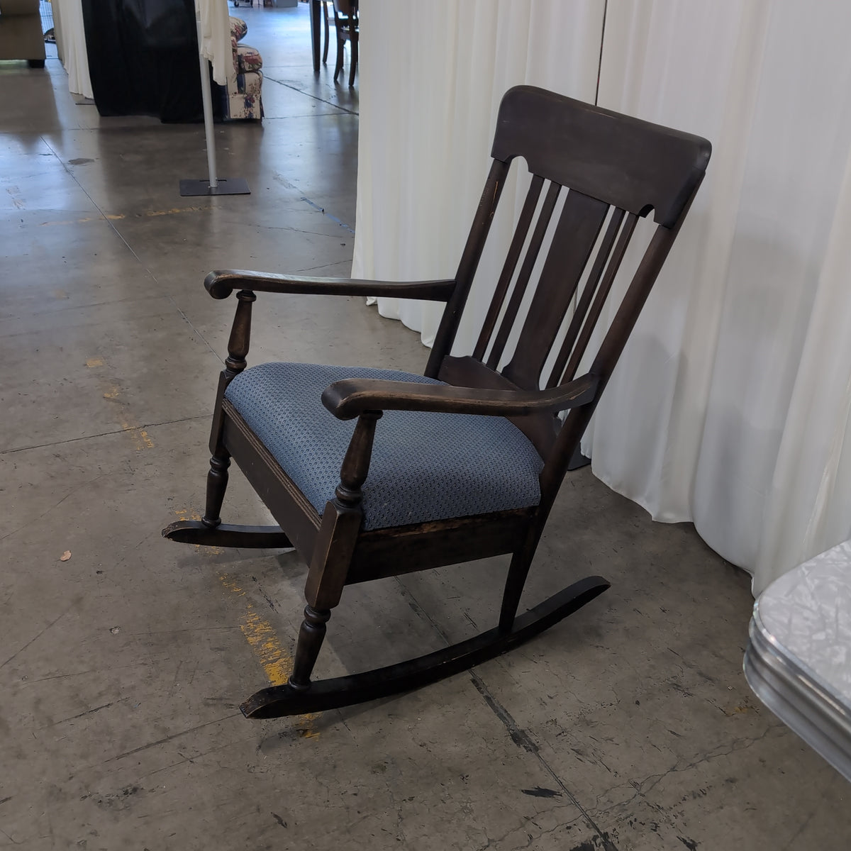 Dark Wood Traditional Rocking Chair with Blue Upholstery