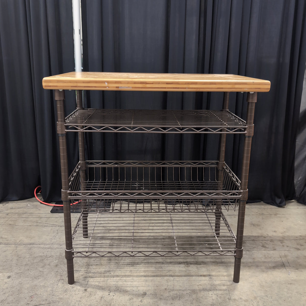 Light Wood Top Dark Metal Kitchen Cart with Wire Shelves