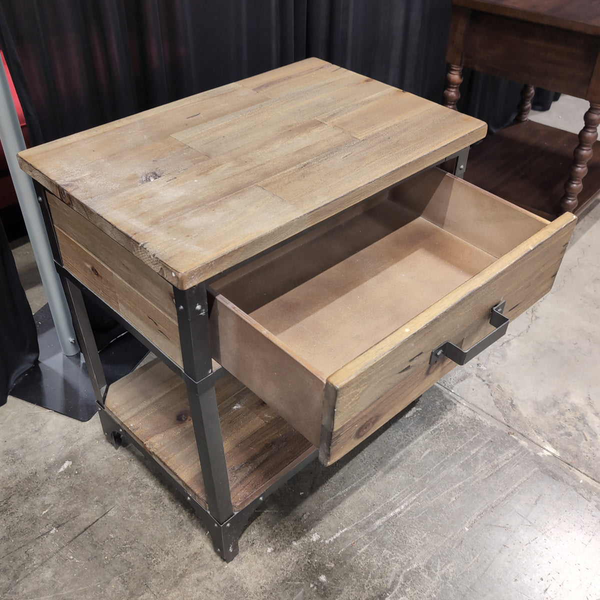 Rustic Wood and Dark Metal One-Drawer Nightstand