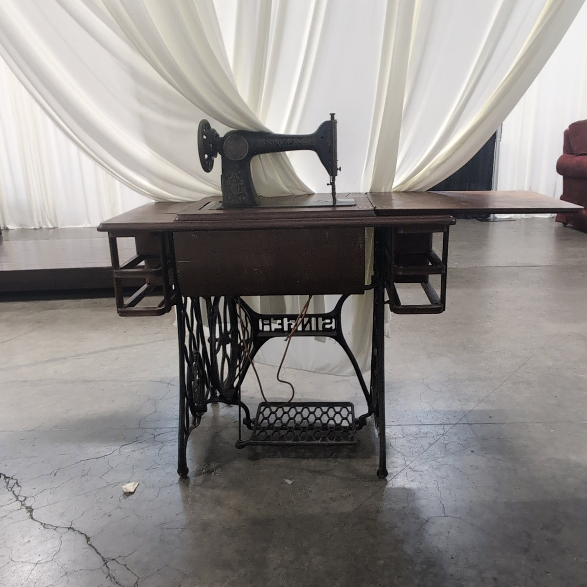 Vintage Wood Cabinet Sewing Machine with Cast Iron Base