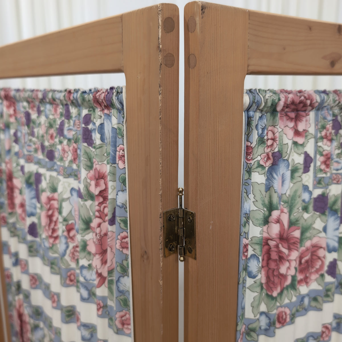 Three-Panel Wood Screen with Floral Fabric