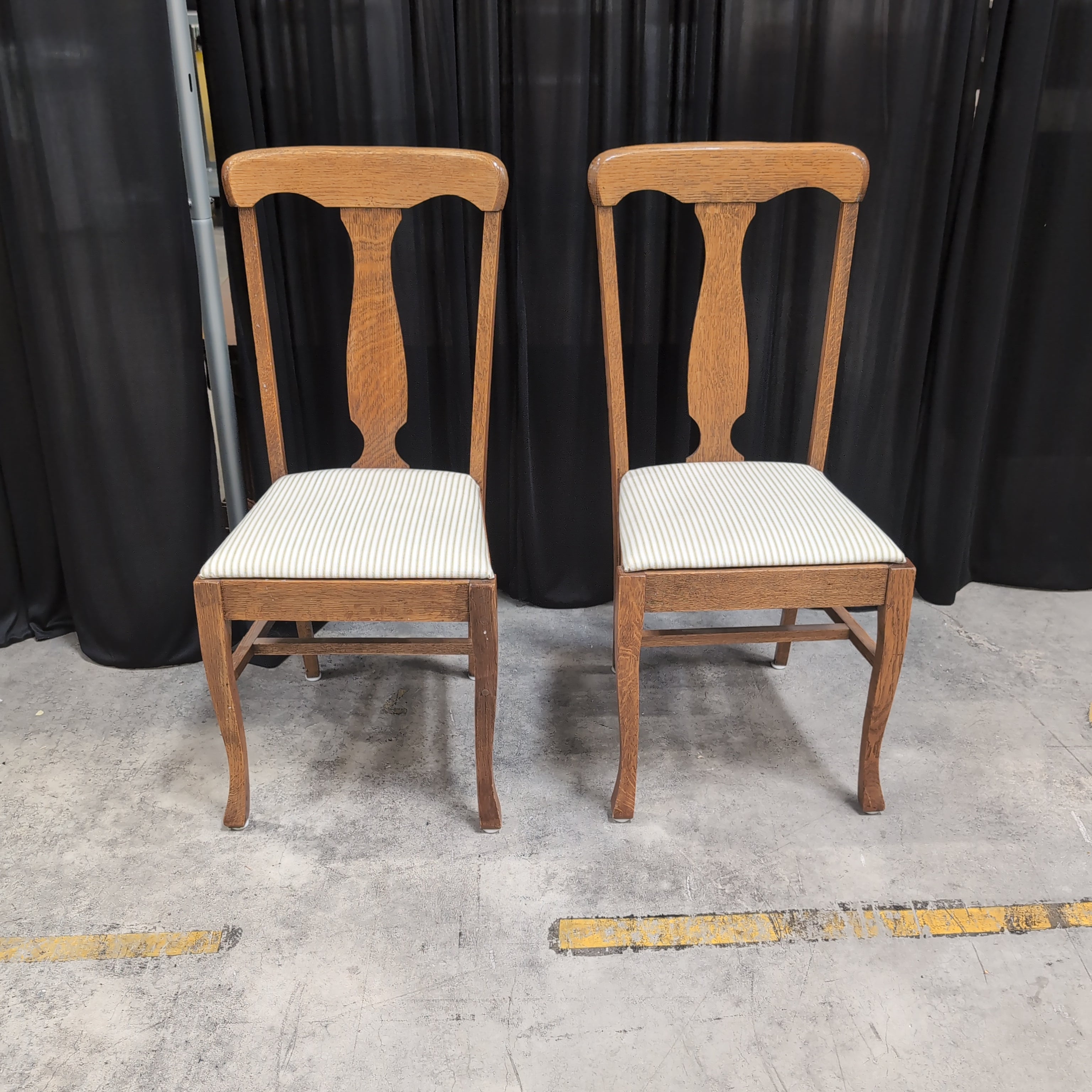 Pair of Vintage Oak Dining Chair with Striped Upholstery