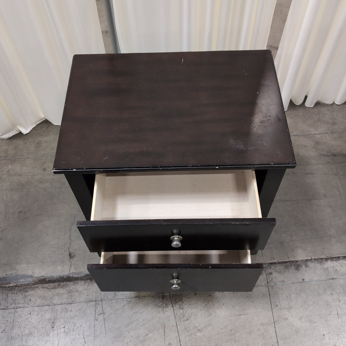 Home Meridian-Dark Brown Two-Drawer Nightstand with Silver Knobs